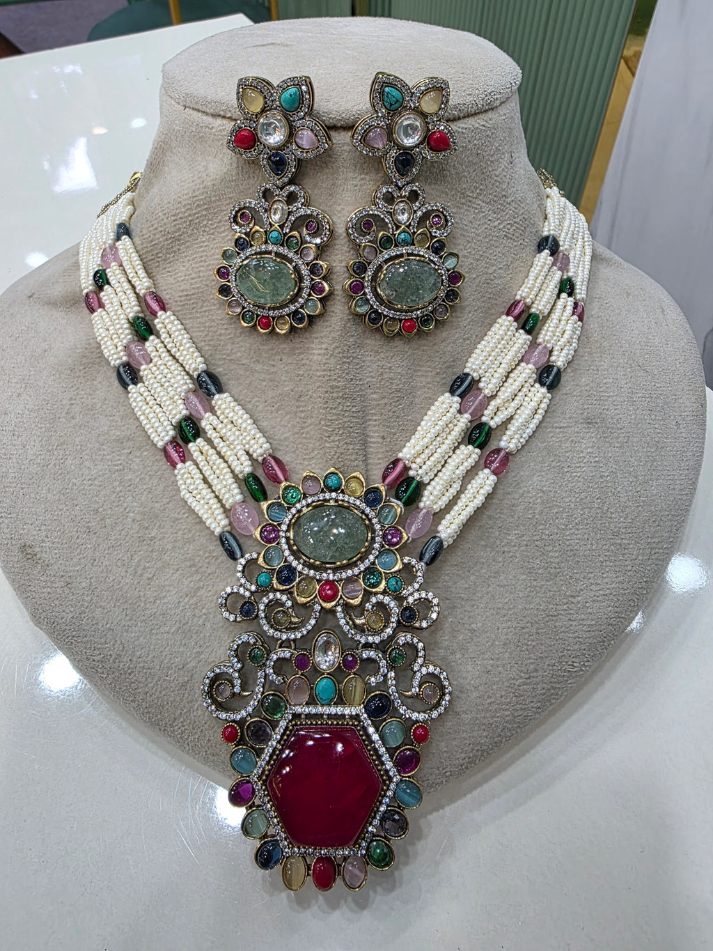 Saarvi Sabya Inspired Choker Necklace Set-  Ruby Mint Multi
