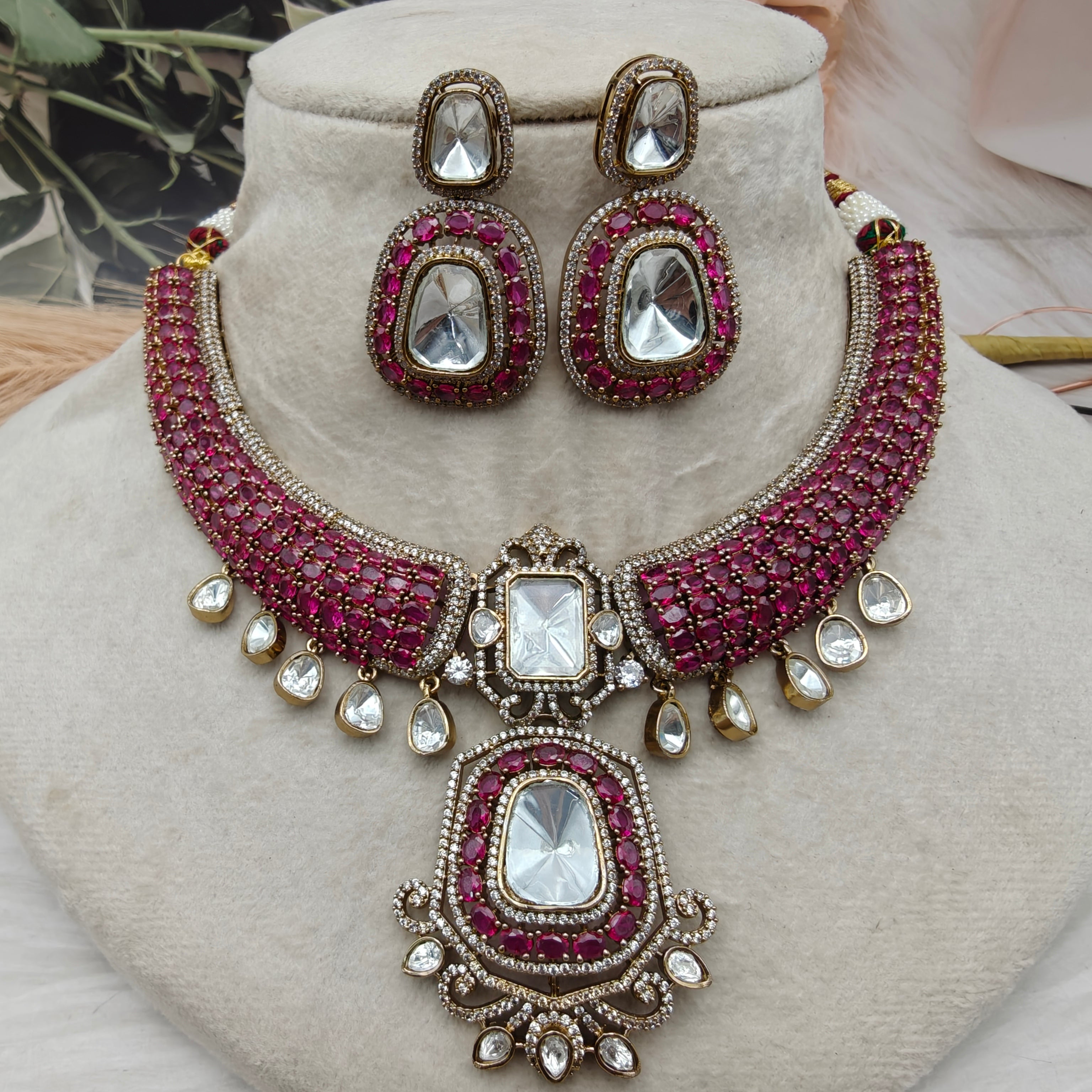 Naazni Moissanite Polki Premium Necklace Set - Ruby
