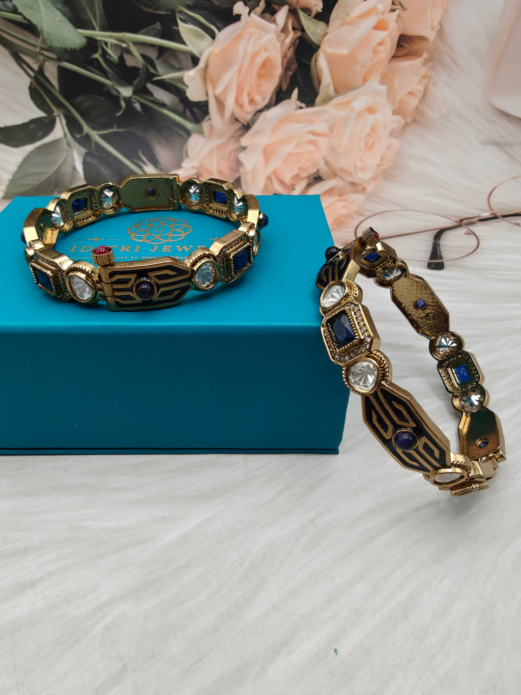 Sargam Enamel and Moissanite Openable Bangles- Blue