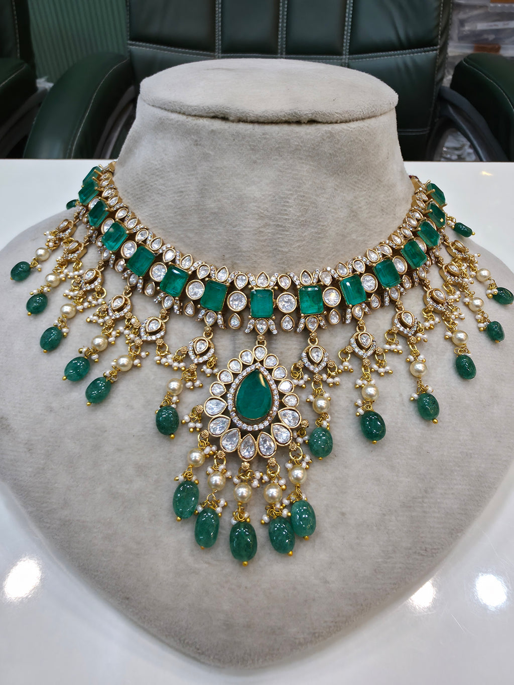 Vaishnavi Moissanite Polki Choker Necklace Set- Green