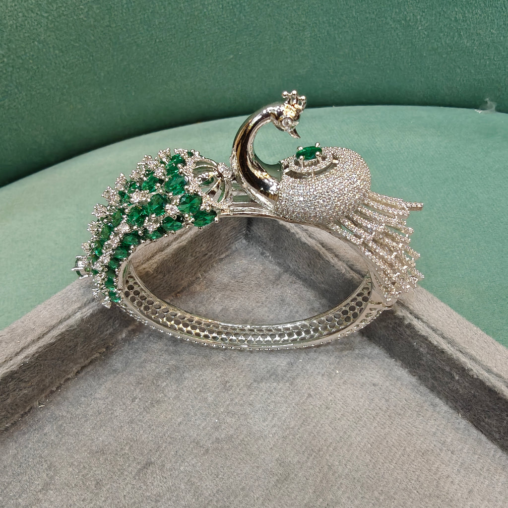 Mayura 3D Layer Openable Bracelet (Silver Finish)- Green