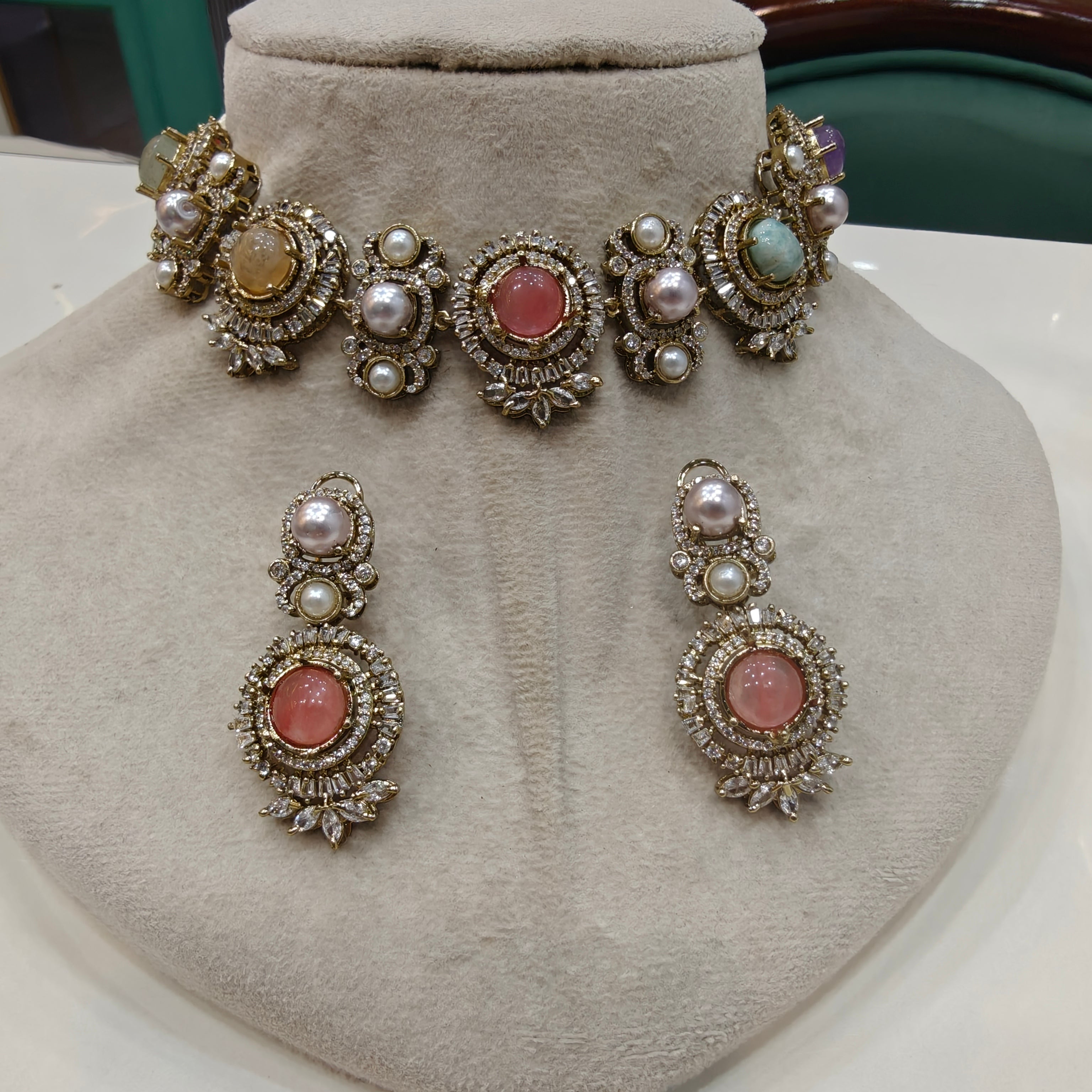 Shilpi Sabya Inspired Natural Stone Choker Necklace Set- Pastel Multi
