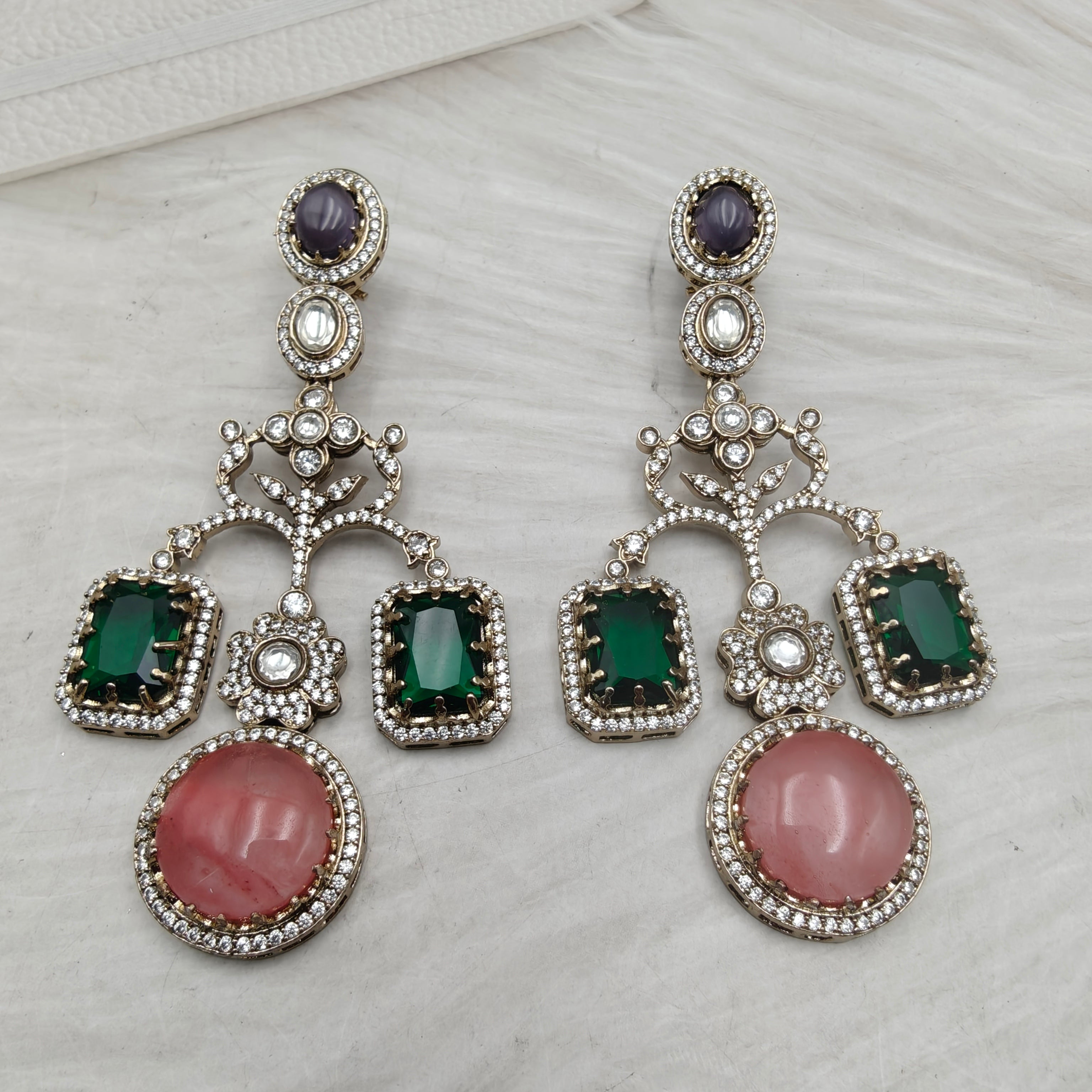 Isha Sabyasachi Inspired Gemstone Earrings- Green Coral Multi