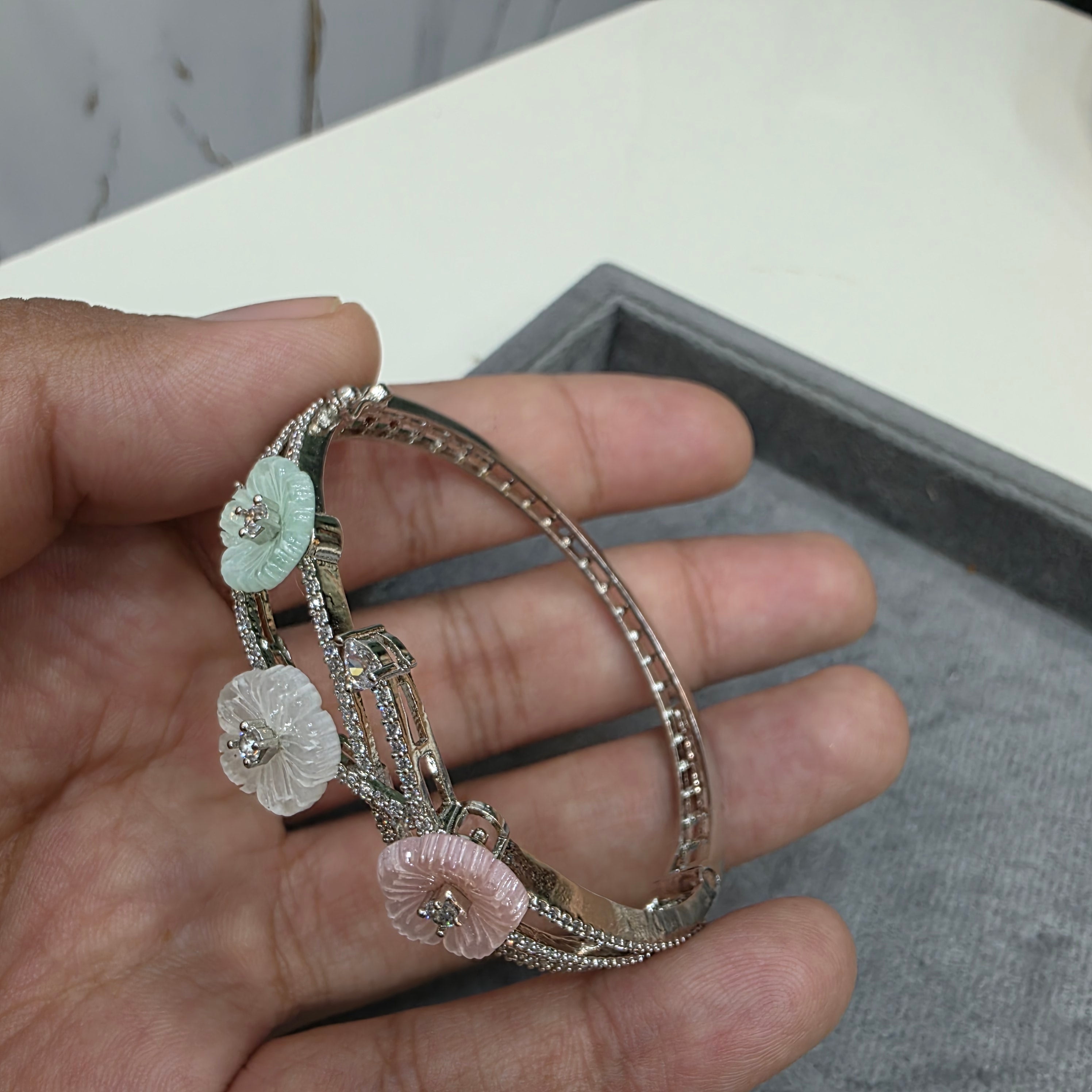 Shreya Carved Stone Openable Bracelet (Silver Plating)- Pastel Multi