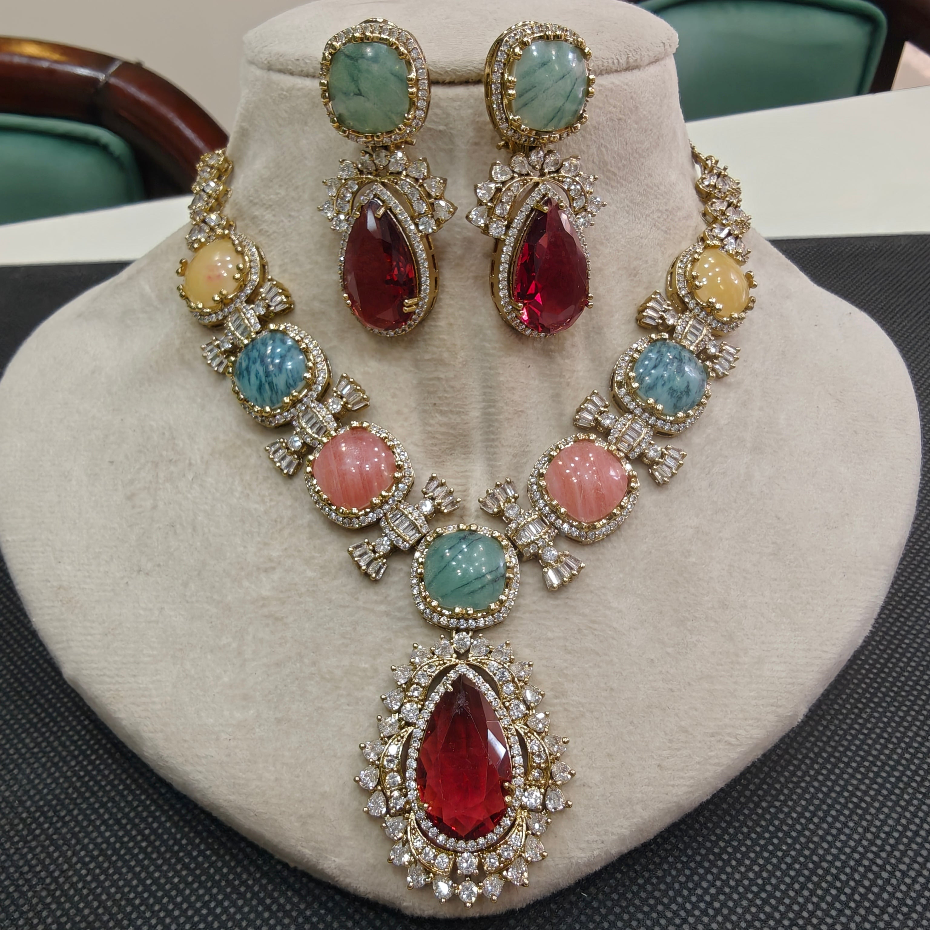Sabyasachi Inspired Premium Statement Vajra Necklace Set- Ruby Multi