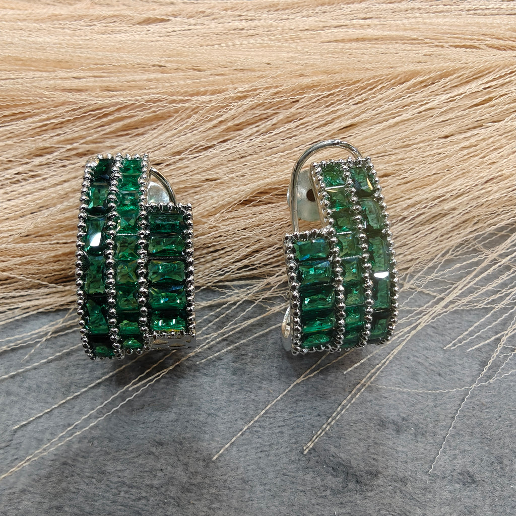 Supriya AD baguette Silver Plated Hoops - Green