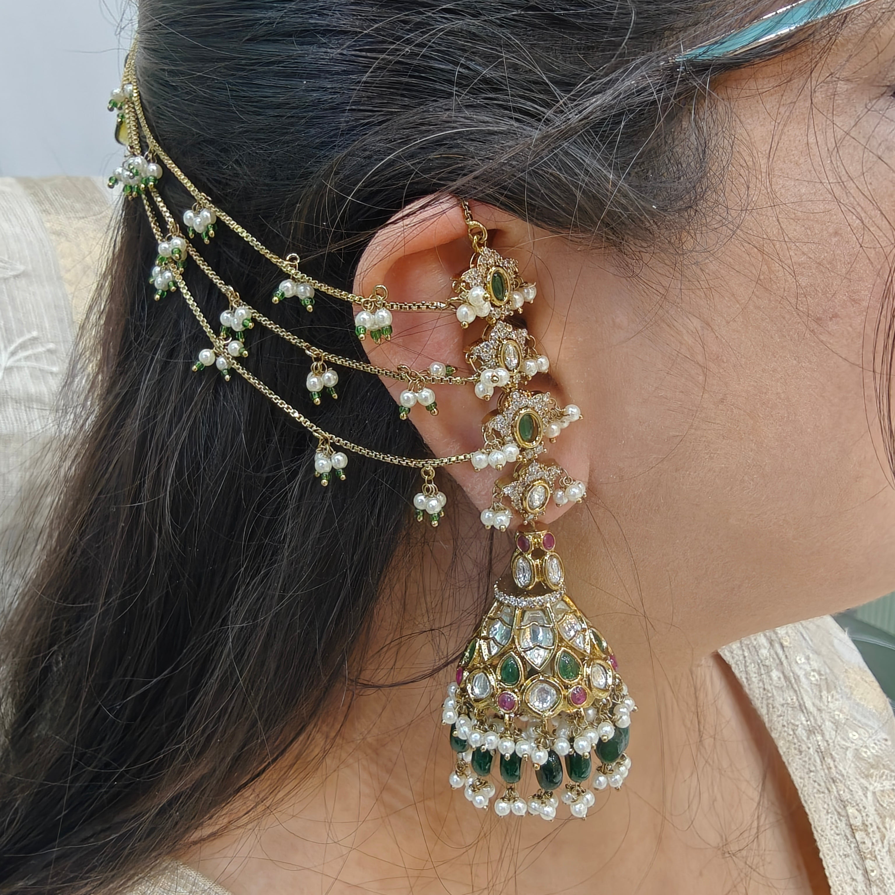 Soundarya Earchain Jadtar Kundan Jhumki- Green Ruby