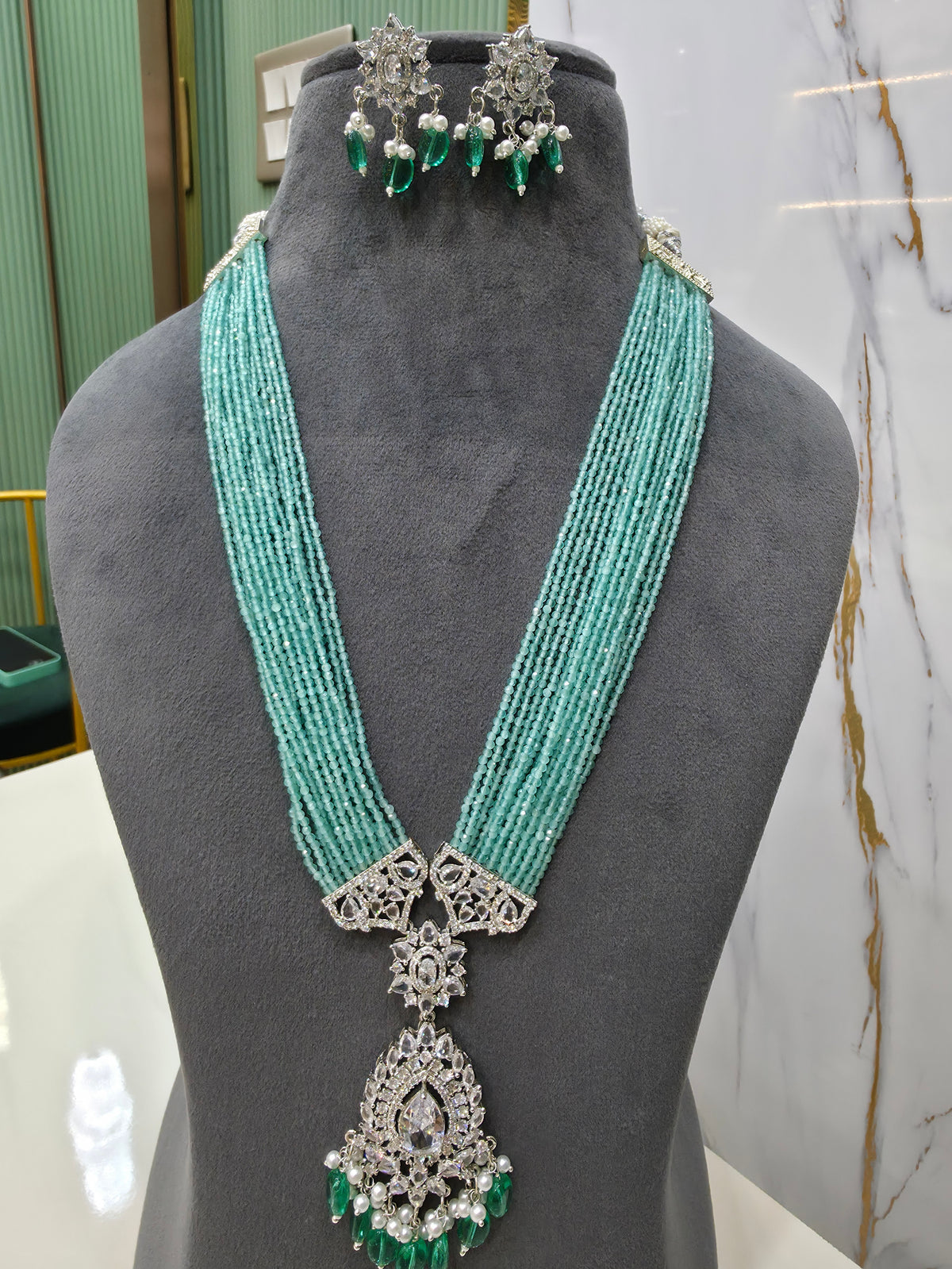 Sonika Hydro Silver Finish long Necklace - Sea Green