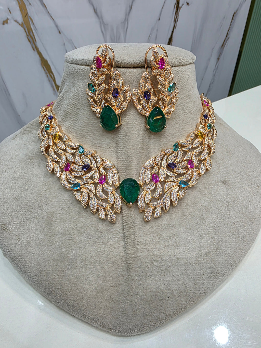 Srishti Premium Carat Plating Russian Doublet Necklace Set- Green Multi
