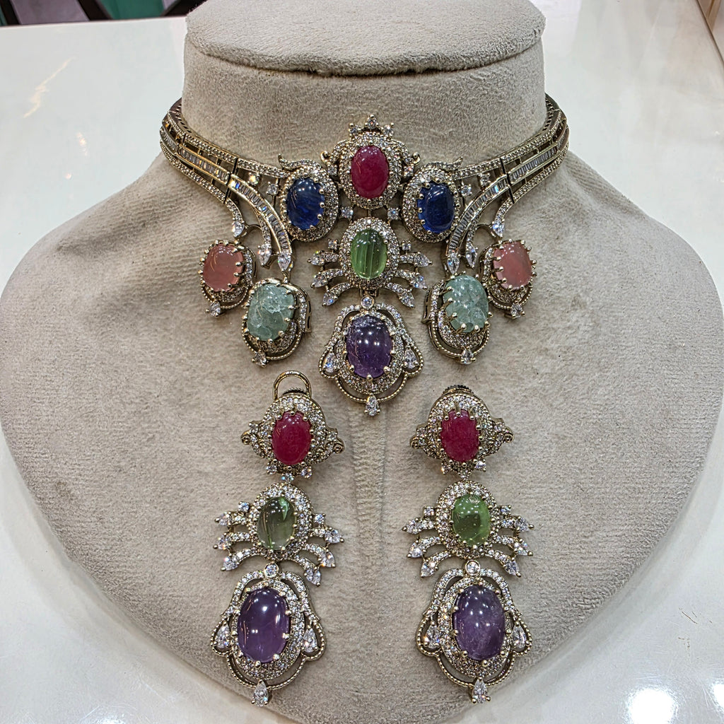 Alankrita Sabya Inspired Gemstone Statement Choker Necklace Set- Purple Multi