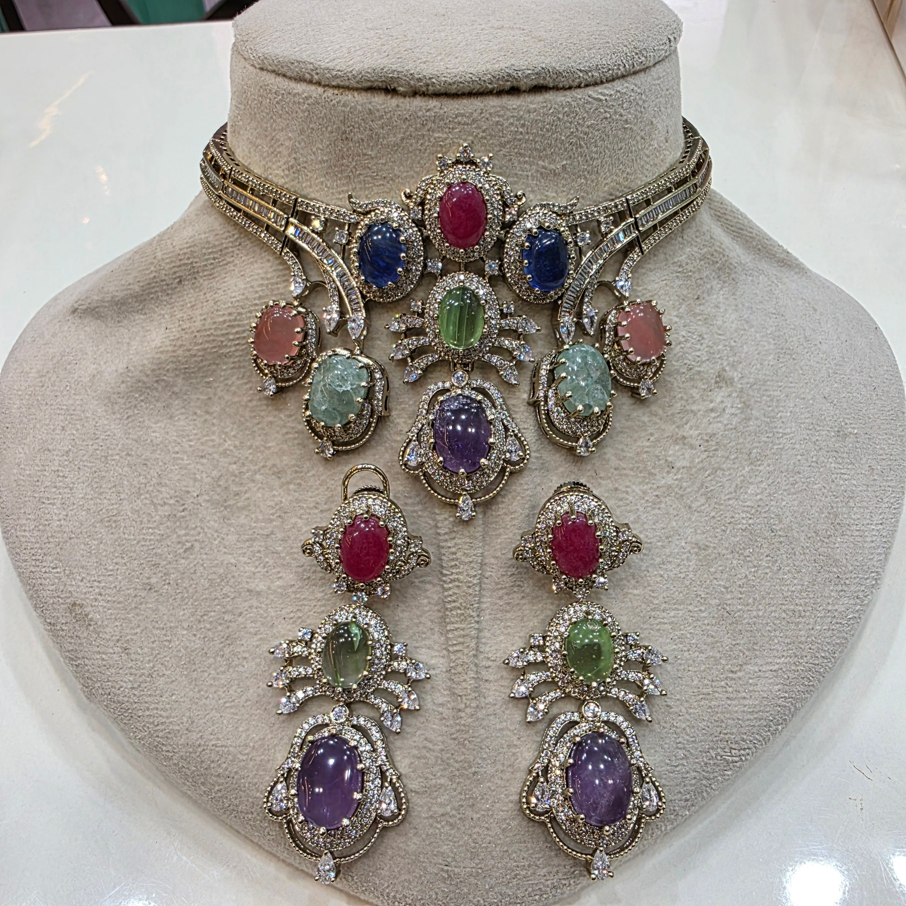 Alankrita Sabya Inspired Gemstone Statement Choker Necklace Set- Purple Multi