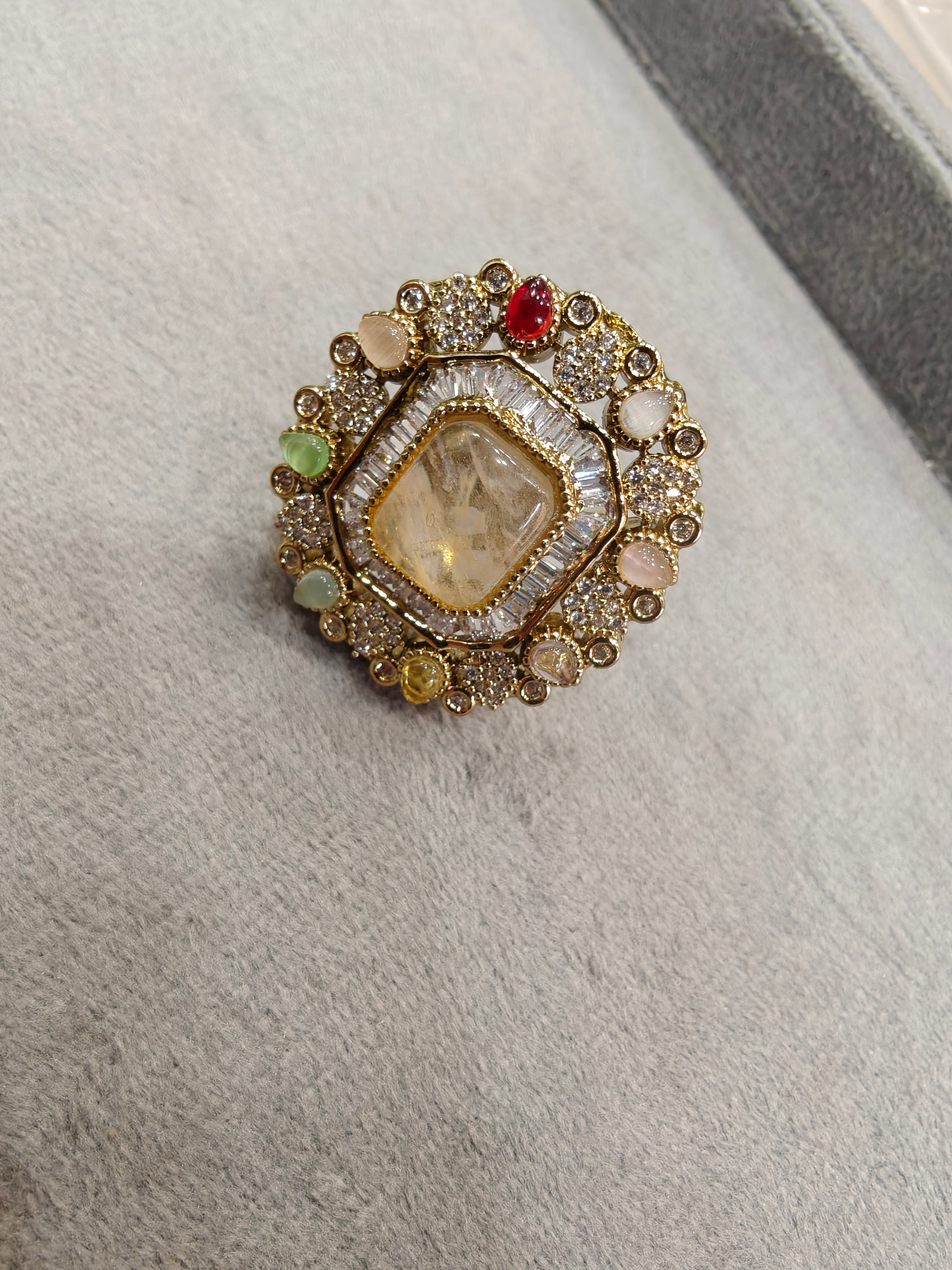 Archana Sabya Inspired Gemstone Adjustable Ring- Light Yellow Multi