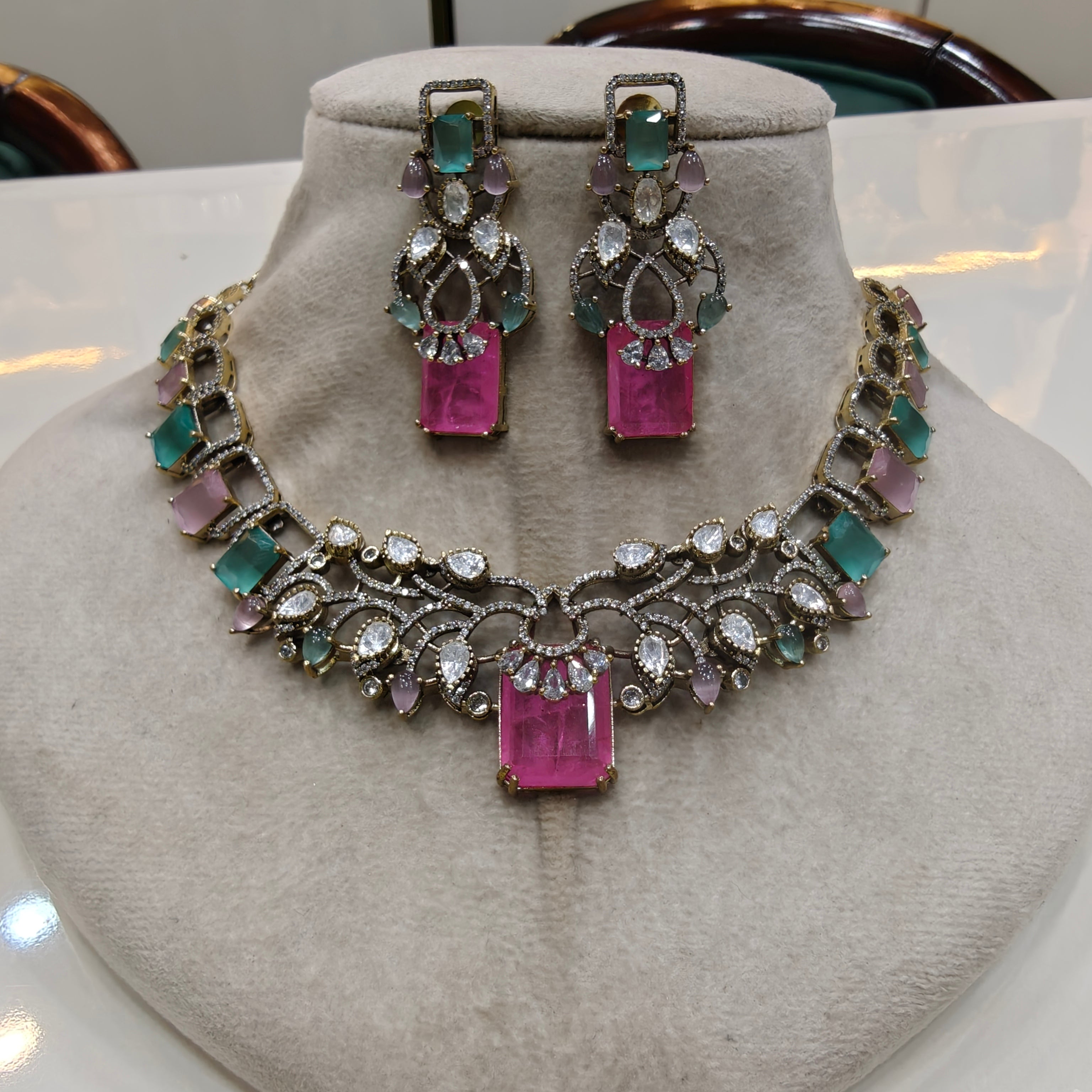 Adavni Doublet Necklace Set- Pink Mint