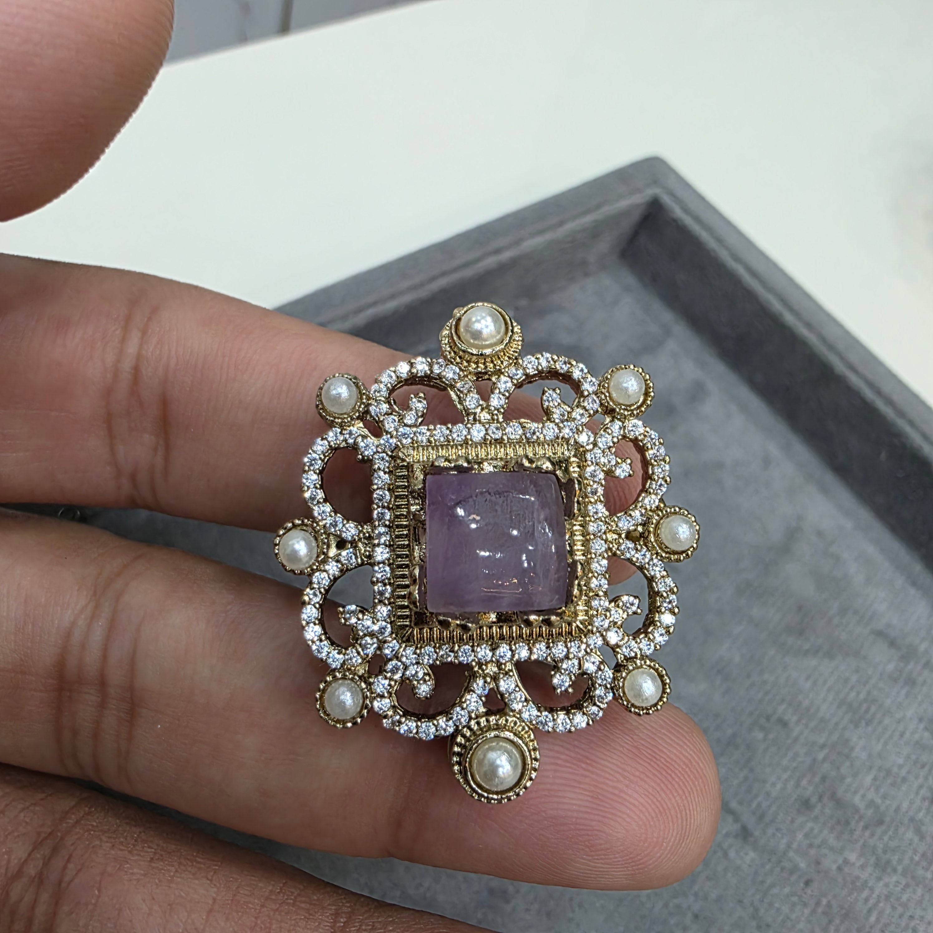 Akshika Sabya Inspired Natural Stone Adjustable Ring- Purple