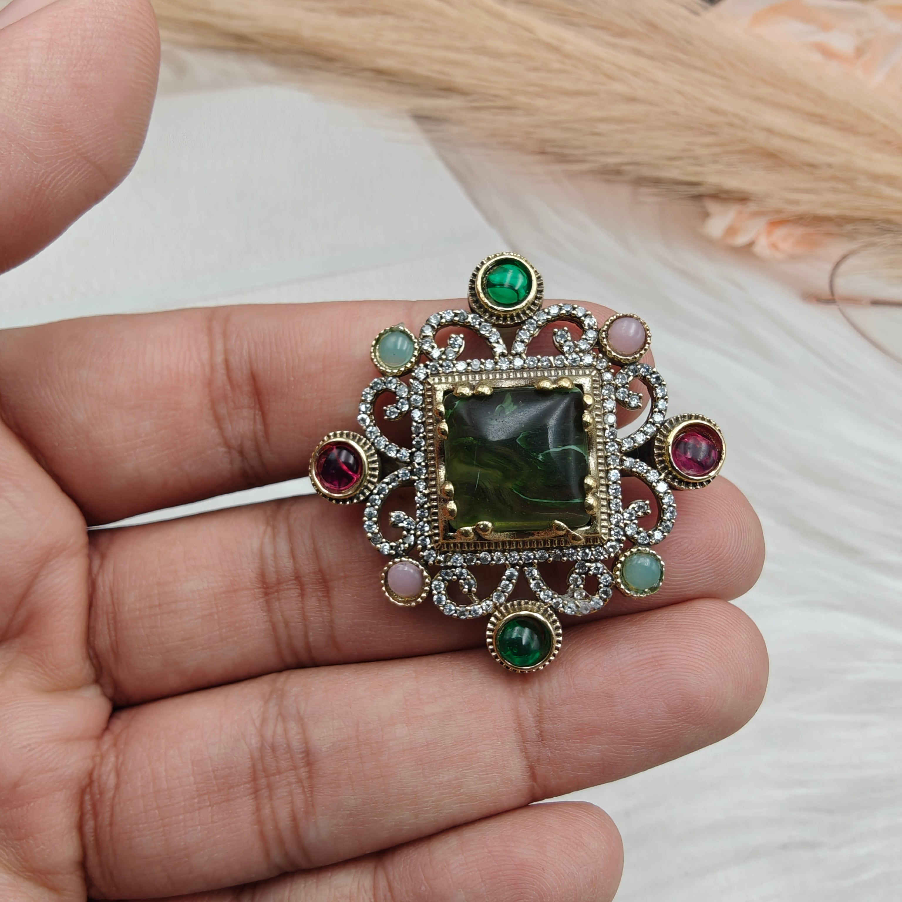 Sabyasachi Inspired Jhanvi Gemstone Adjustable Ring- Parrot Green