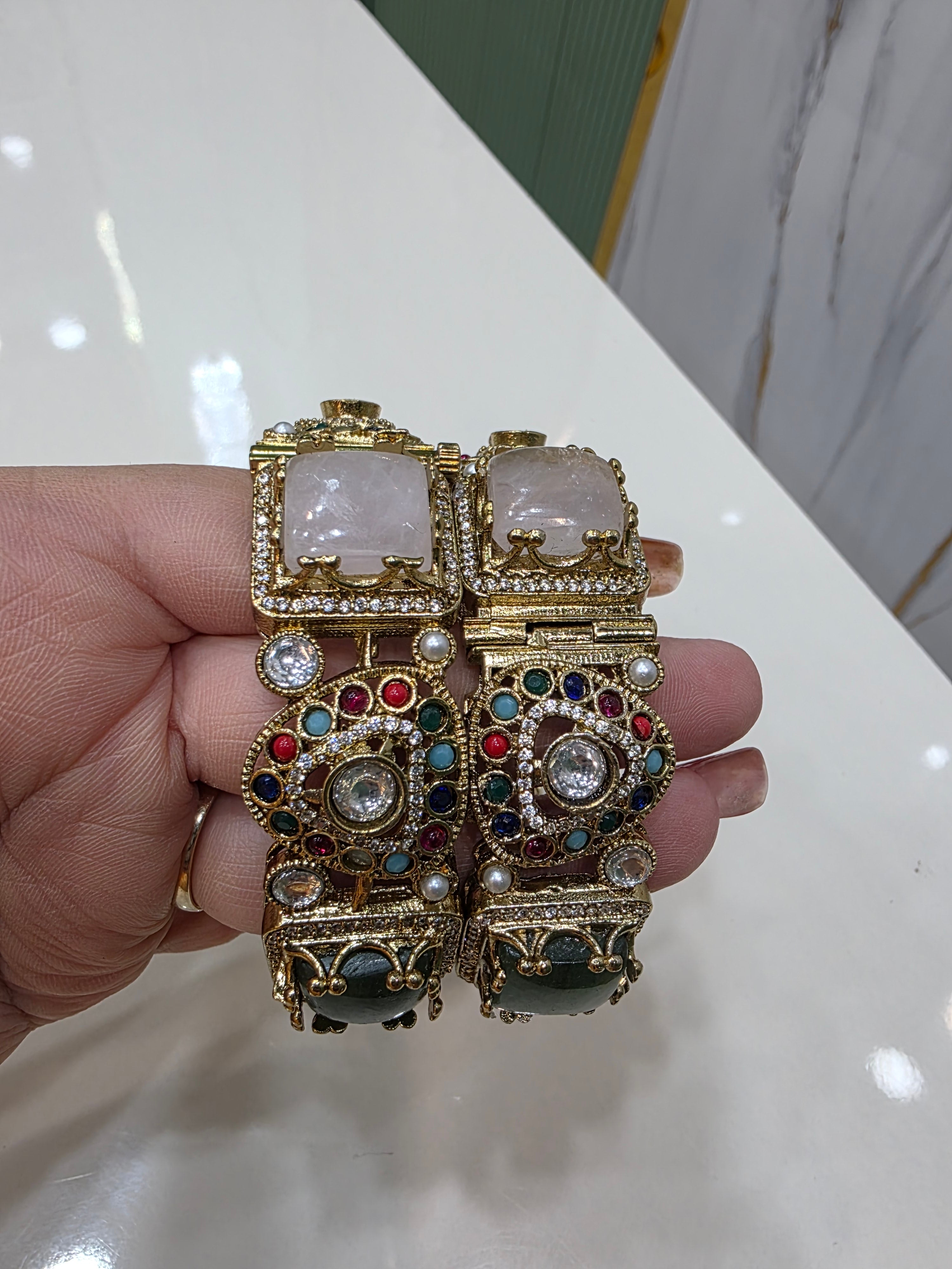 Chavi Sabya Inspired Gemstone Openable Bangles - Mint Pink