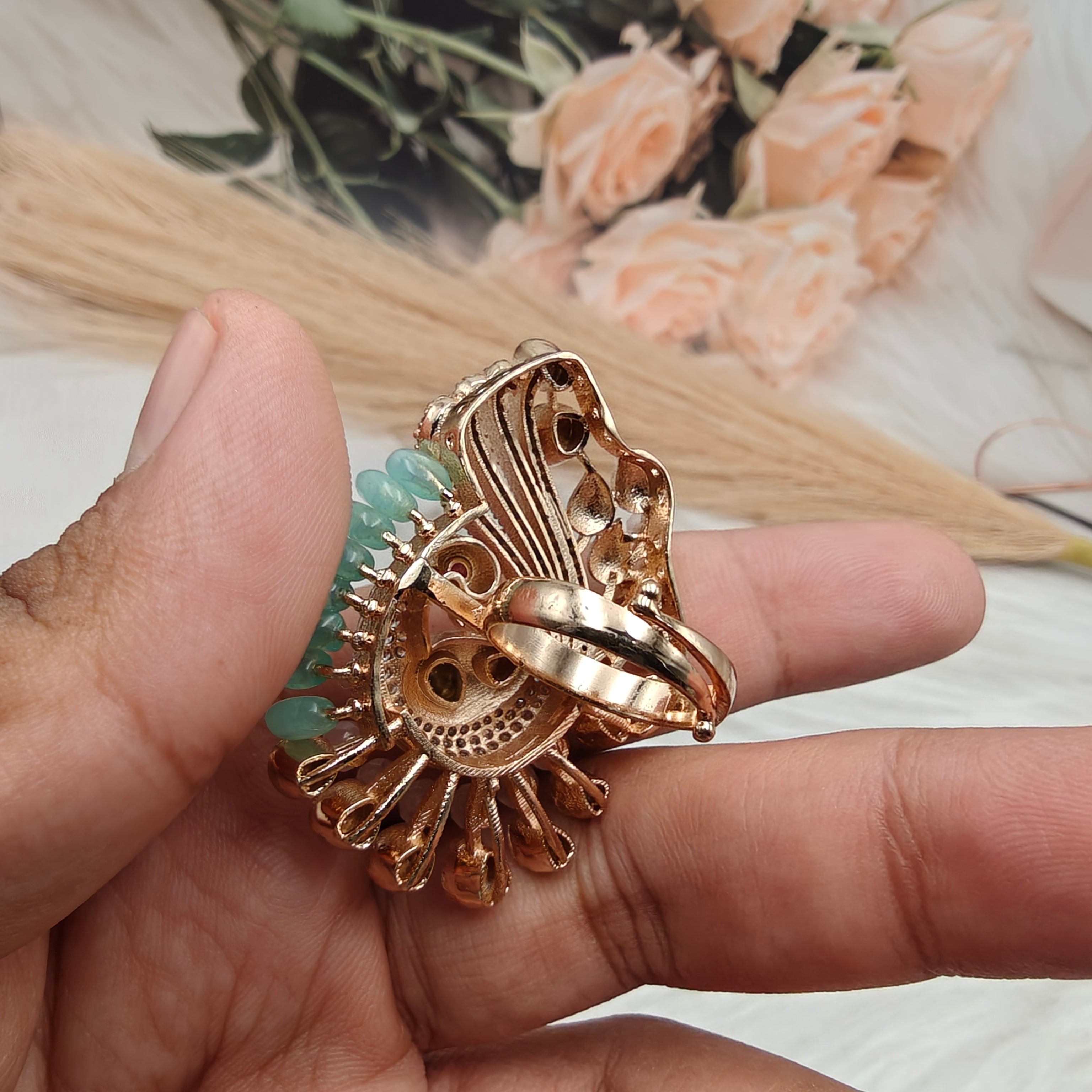 Mayuma Peacock Statement Italian Enamel Moissanite Ring -Mint n Pink