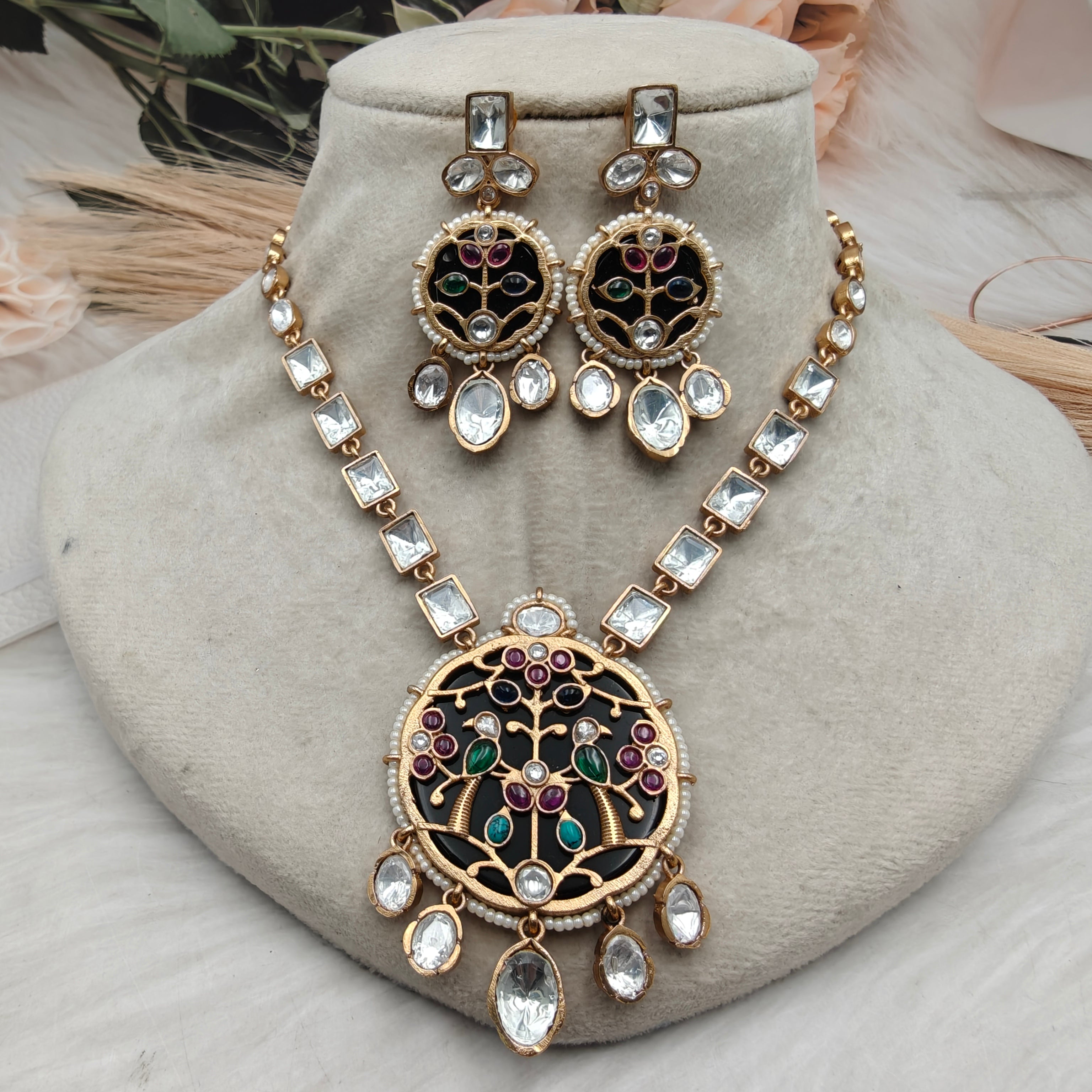 Radhya Panchi Holdali Uncut Polki Necklace Set - Black