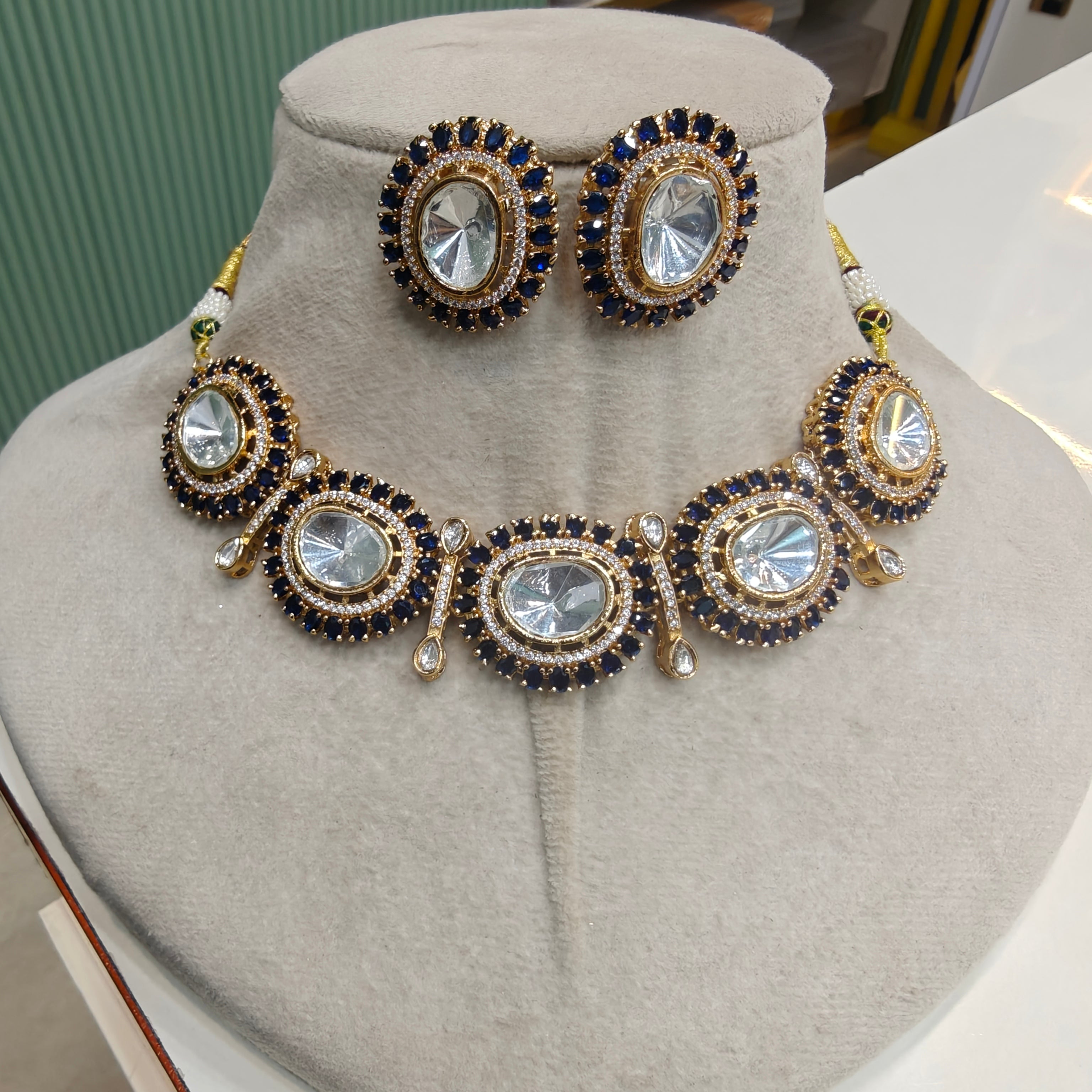 Anuja Uncut Polki Necklace Set- Blue