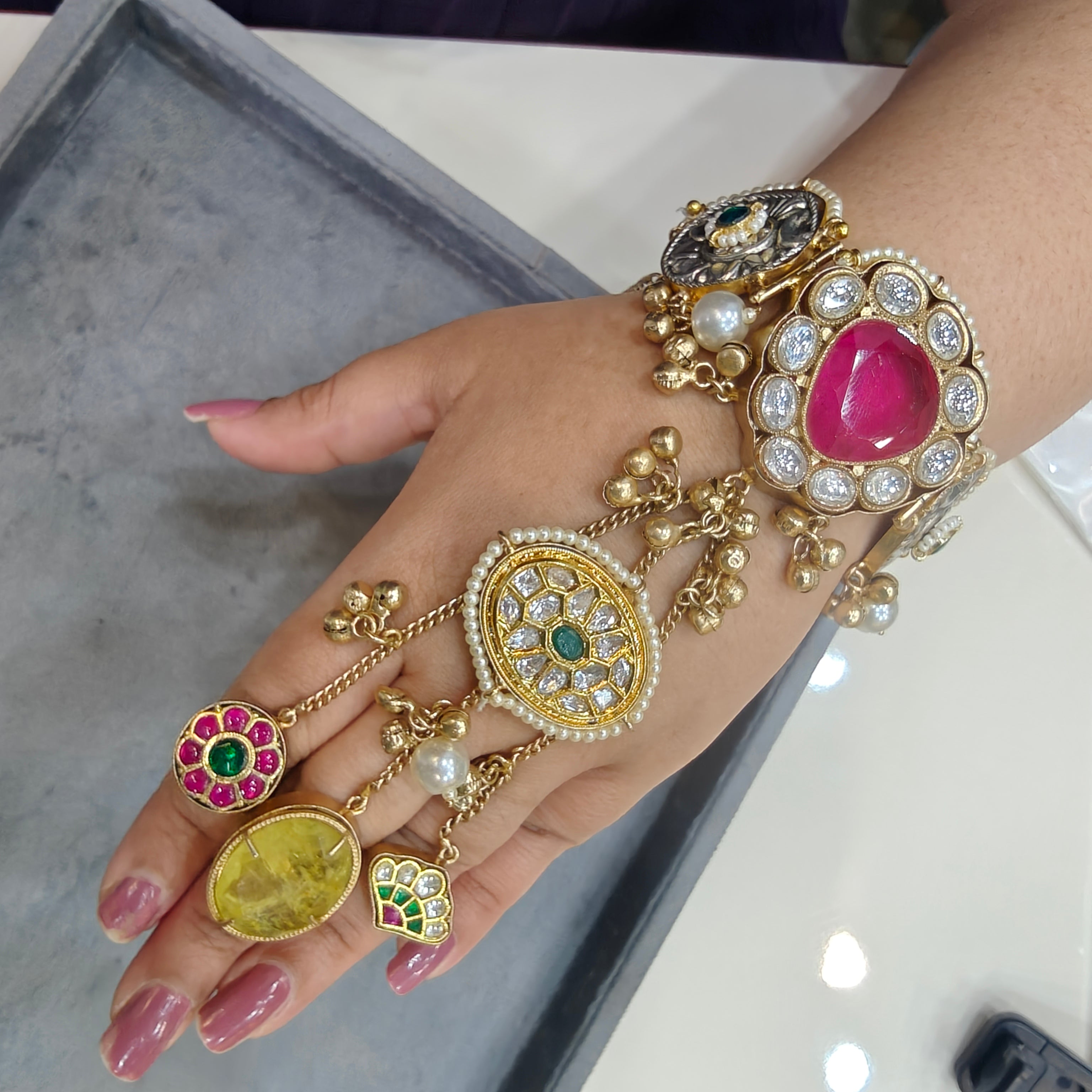 Shaheen Handcrafted Brass Fusion Hathphool- Hot Pink and Yellow