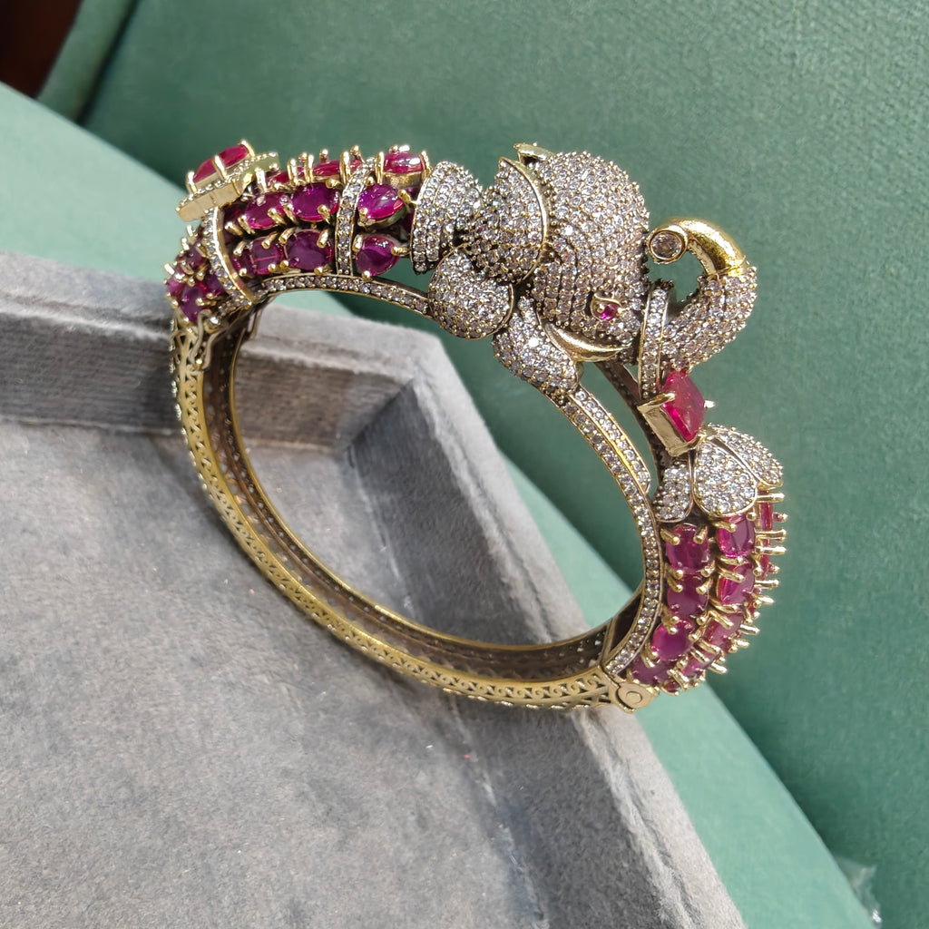 Elephant Openable Jadau AD Bracelet- Ruby Pink
