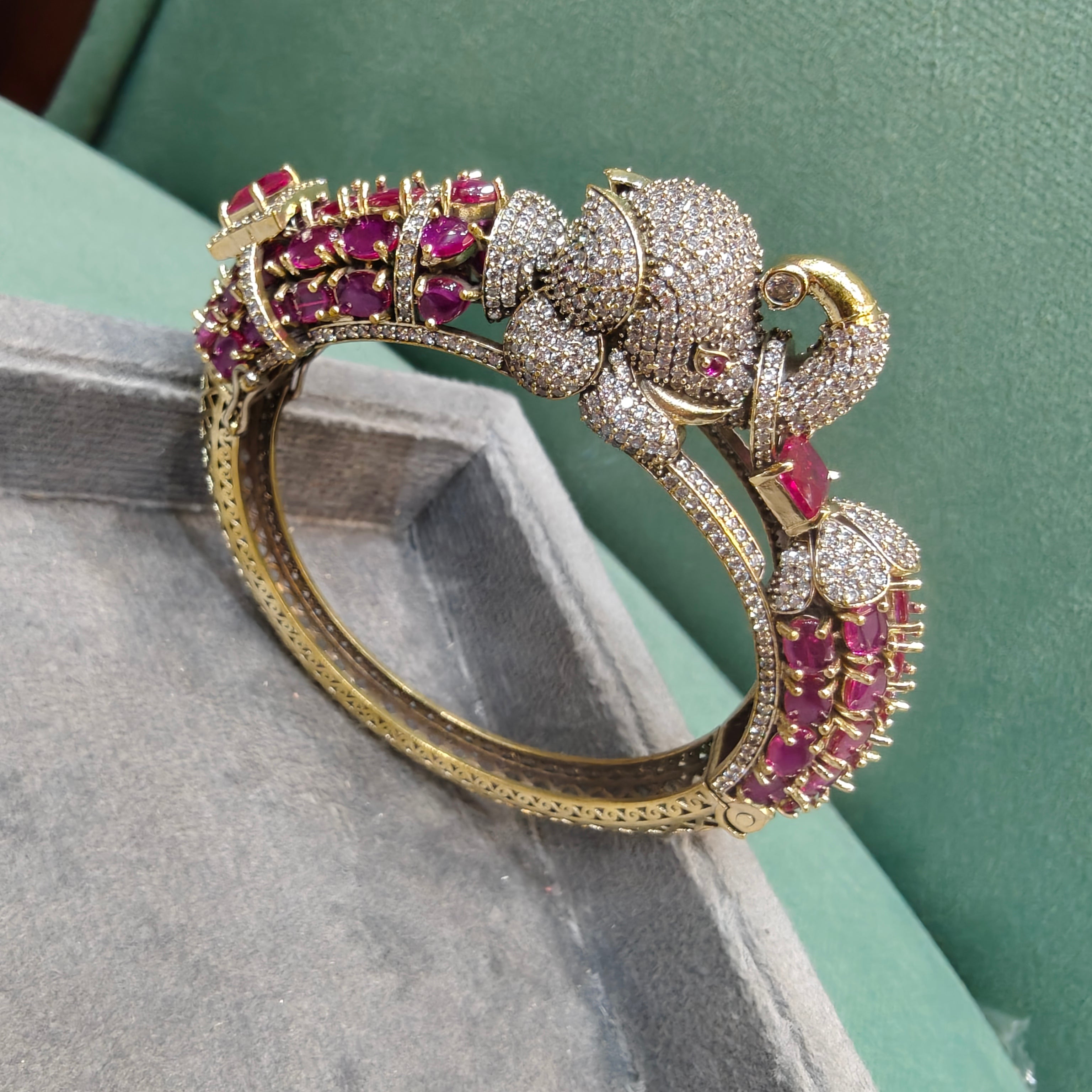 Elephant Openable Jadau AD Bracelet- Ruby Pink