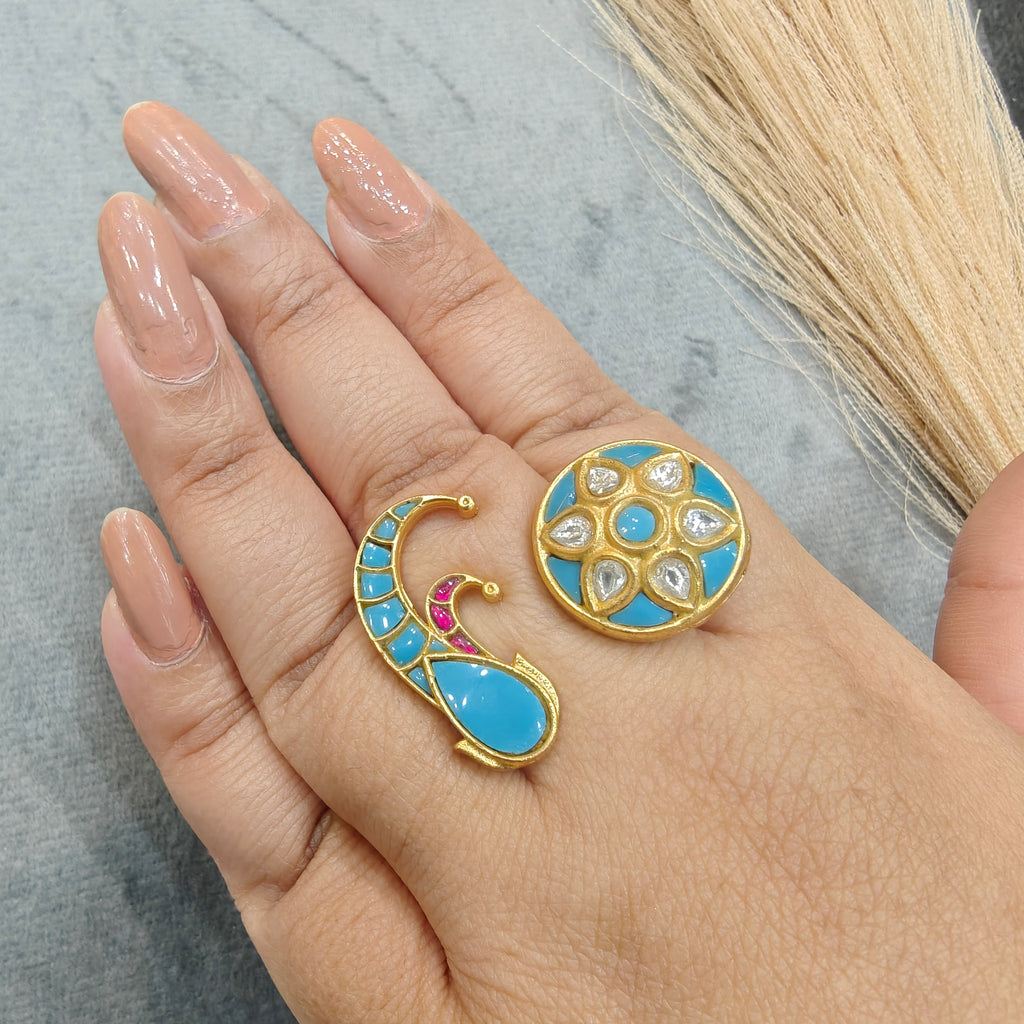 Rukamani Jadau Kundan Heritage Double Finger Ring- Turquoise