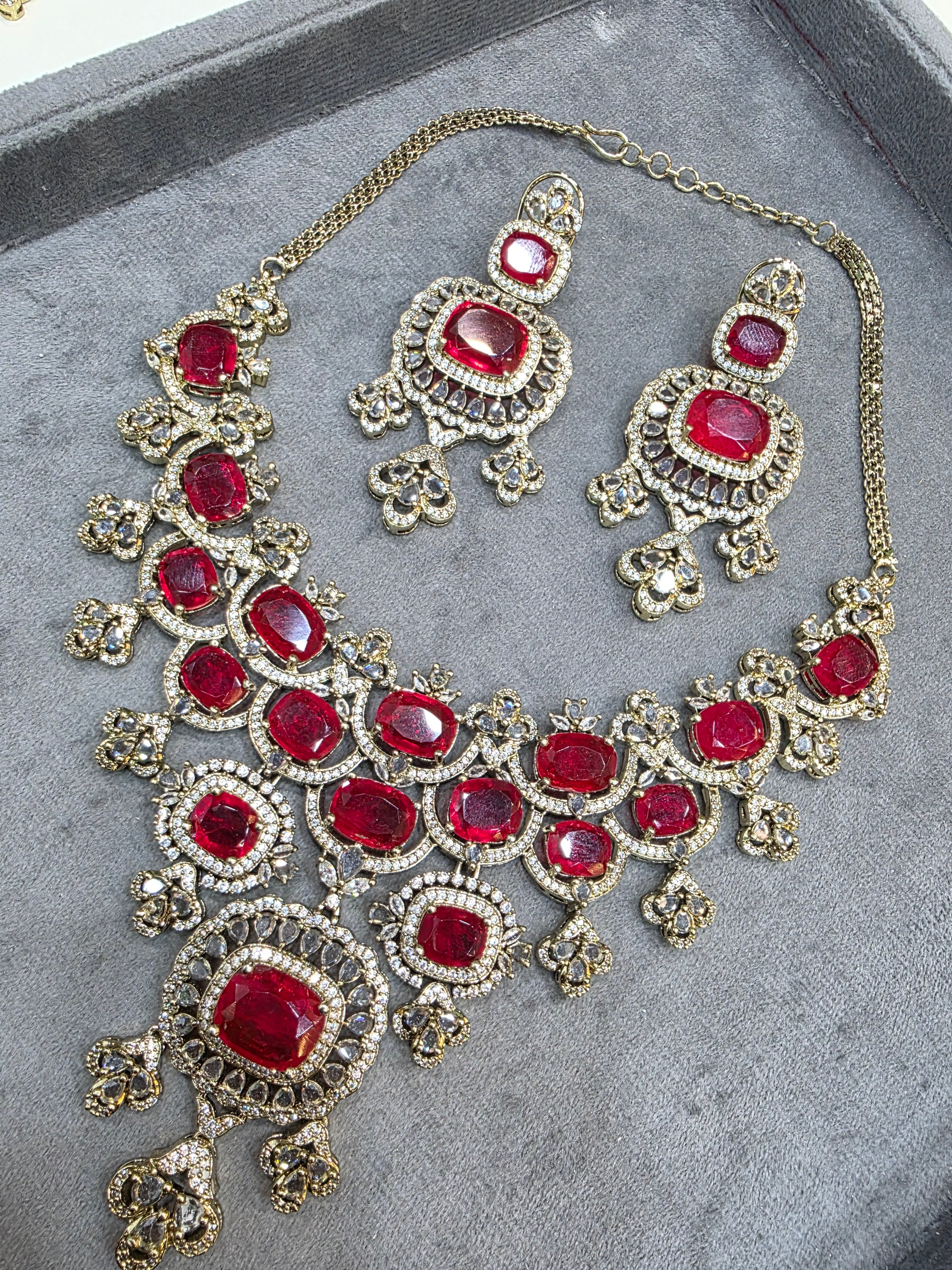 Anushka Doublet Polki Necklace Set- Red