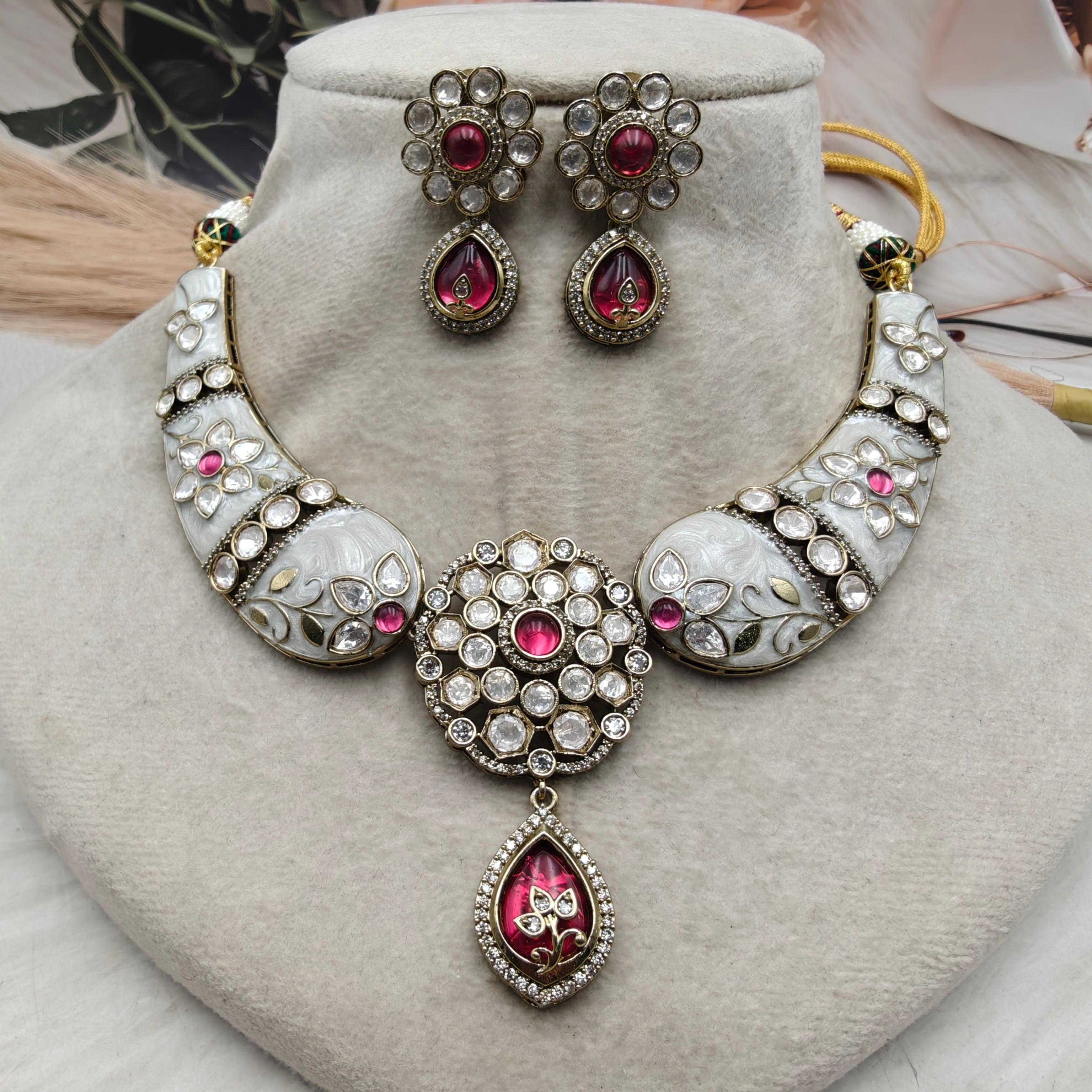 Noor-e-Gul Enamel work Moissanite Hasli Set- Ruby