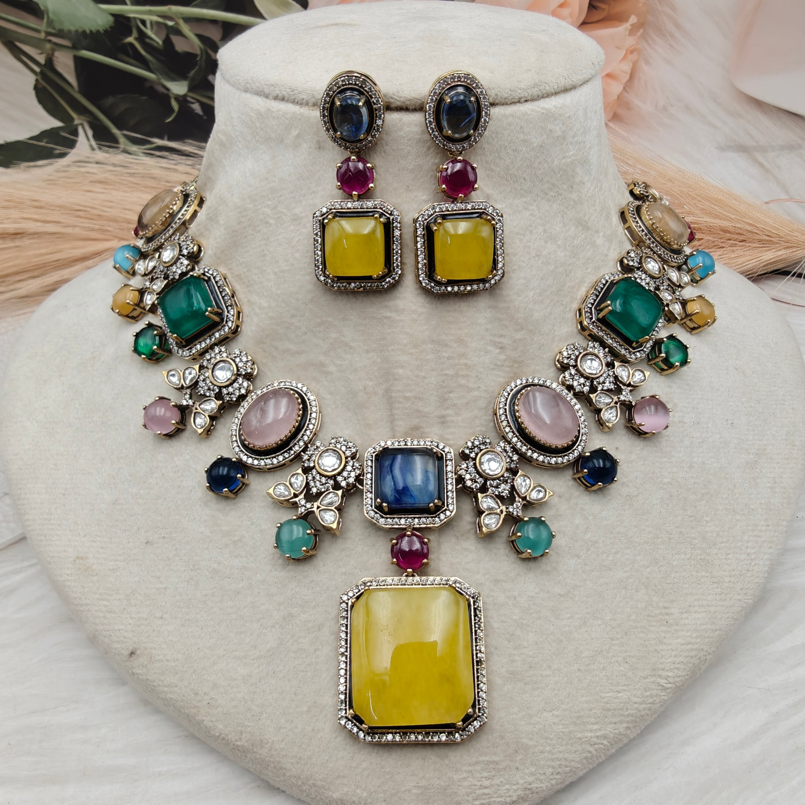 Shagufta Sabyasachi Inspired Statement Necklace Set - Yellow Multi