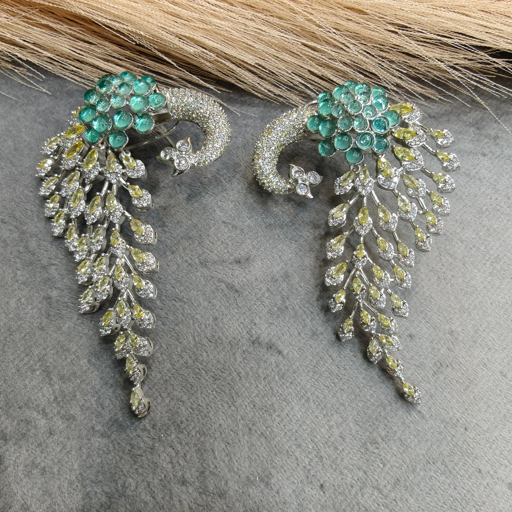 Vantara Peacock Statement Silver Plated Earrings- Aqua Green and Yellow Citirine