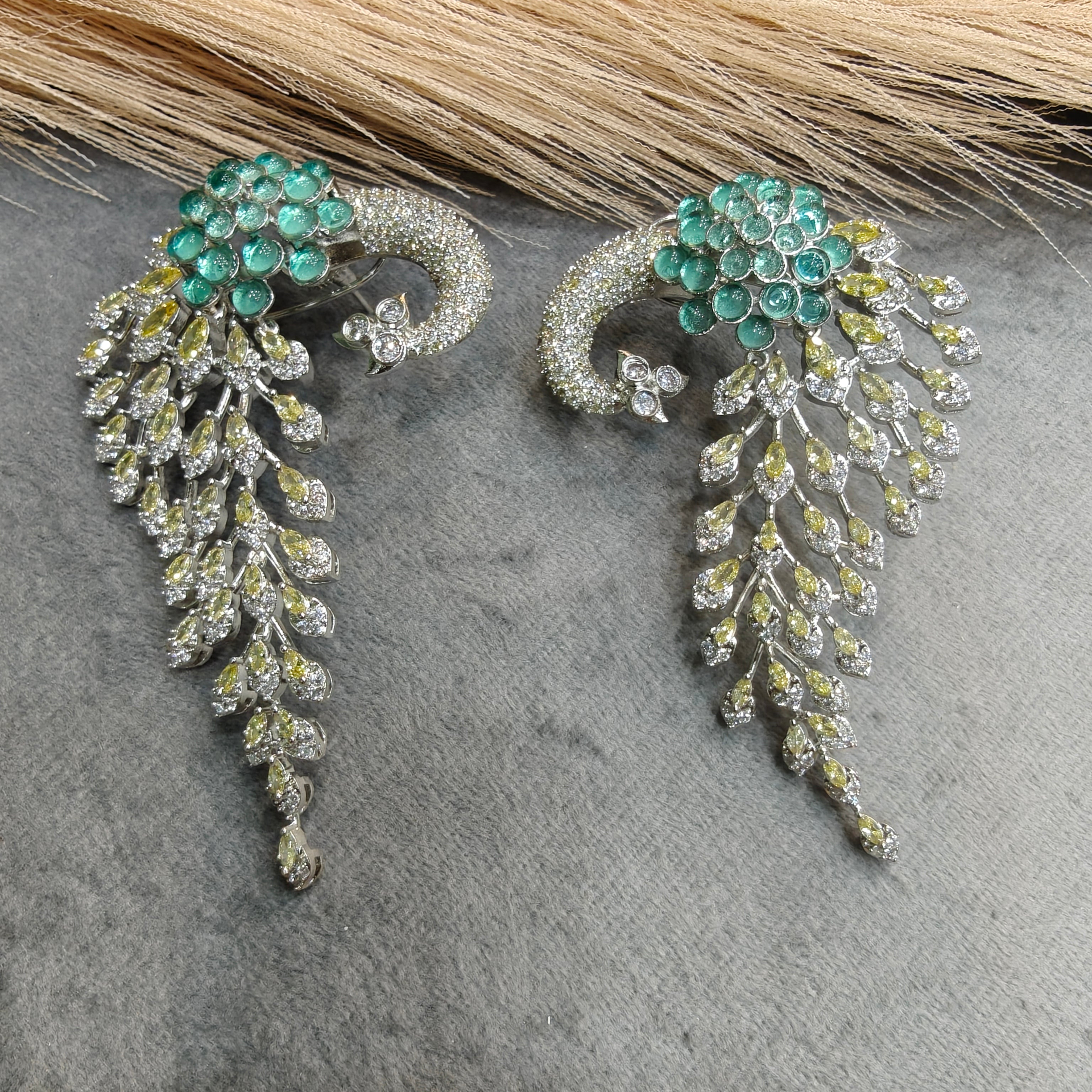 Vantara Peacock Statement Silver Plated Earrings- Aqua Green and Yellow Citirine