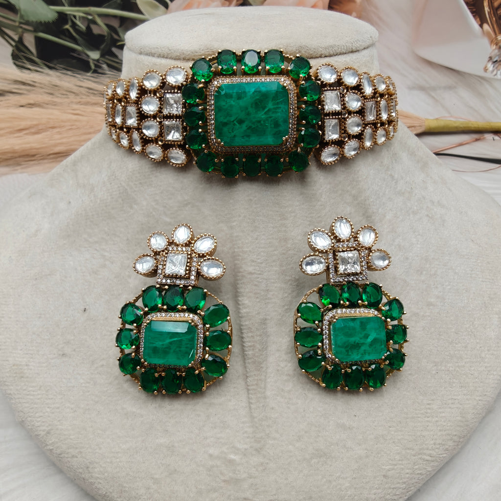 Vaishali Tanzanite Doublet and Moissanite Choker Set- Emerald Green