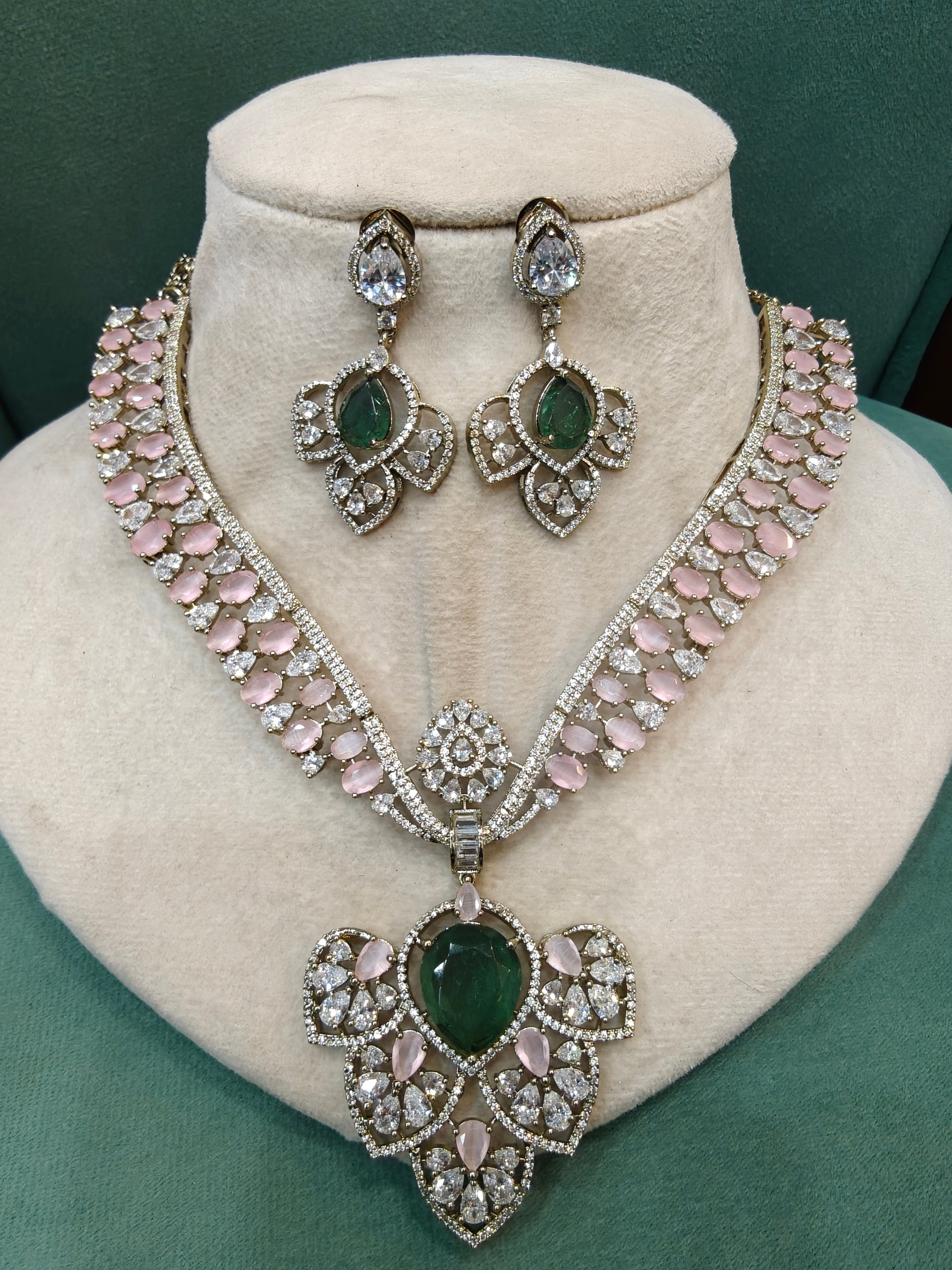 Mehfooz Doublet Designer Necklace Set- Soft Pink and Mint