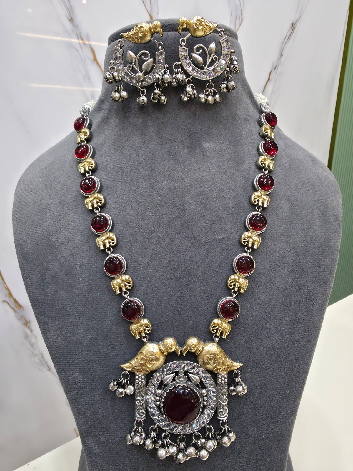 Swati Silver Oxidised Brass Dual tone Necklace Set- Maroon
