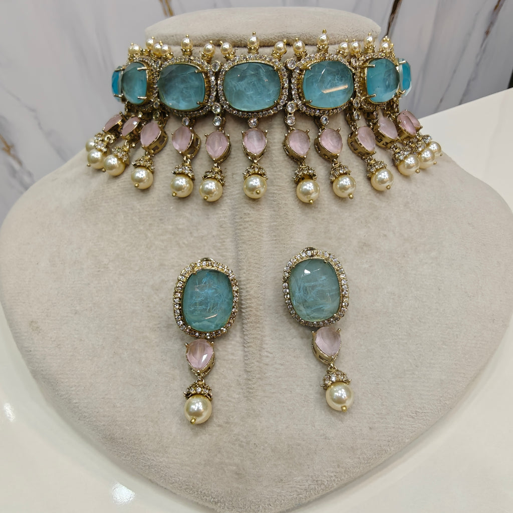 Dua Deepika Inspired Statement Choker Set- Ice Blue n Pink