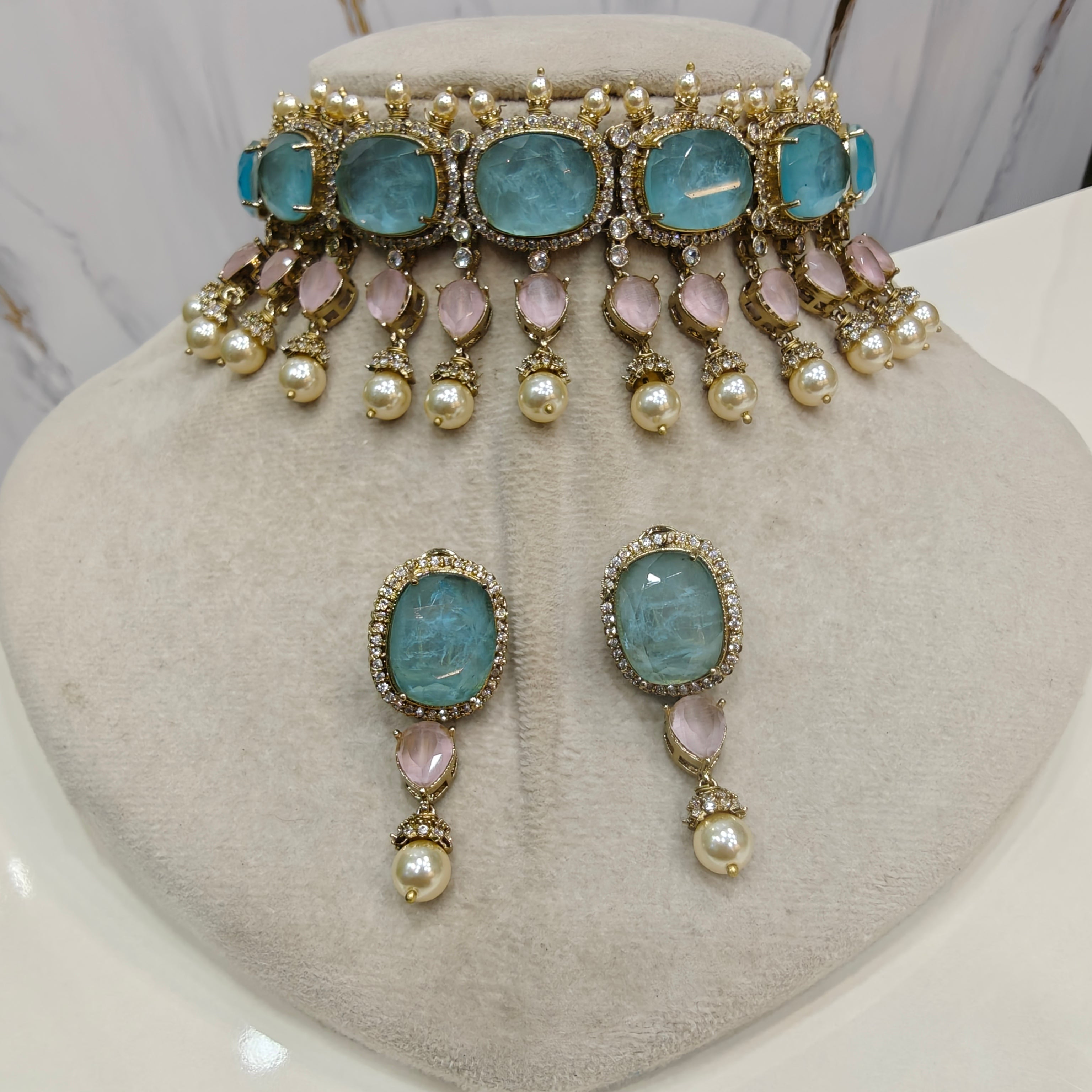 Dua Deepika Inspired Statement Choker Set- Ice Blue n Pink