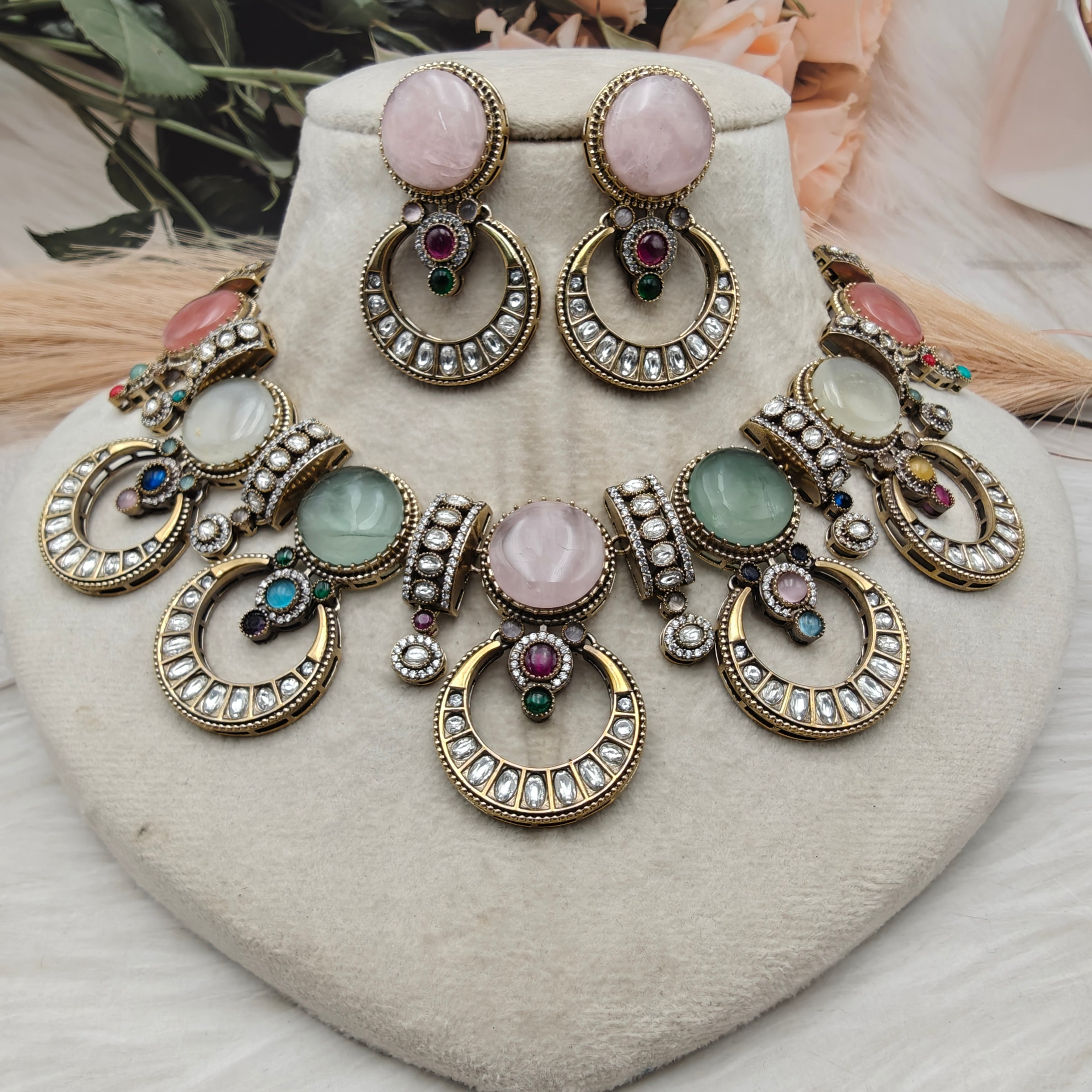 Shehnaaz Sabyasachi Inspired Statement Necklace Set - Pastel Multi
