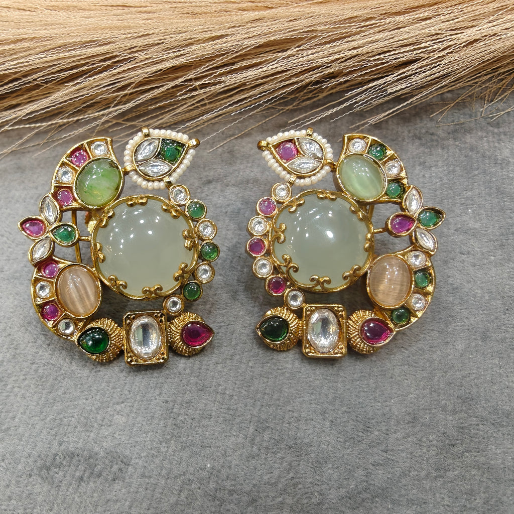 Avantika Gemstone Kundan Heritage Studs- Minty White Multi