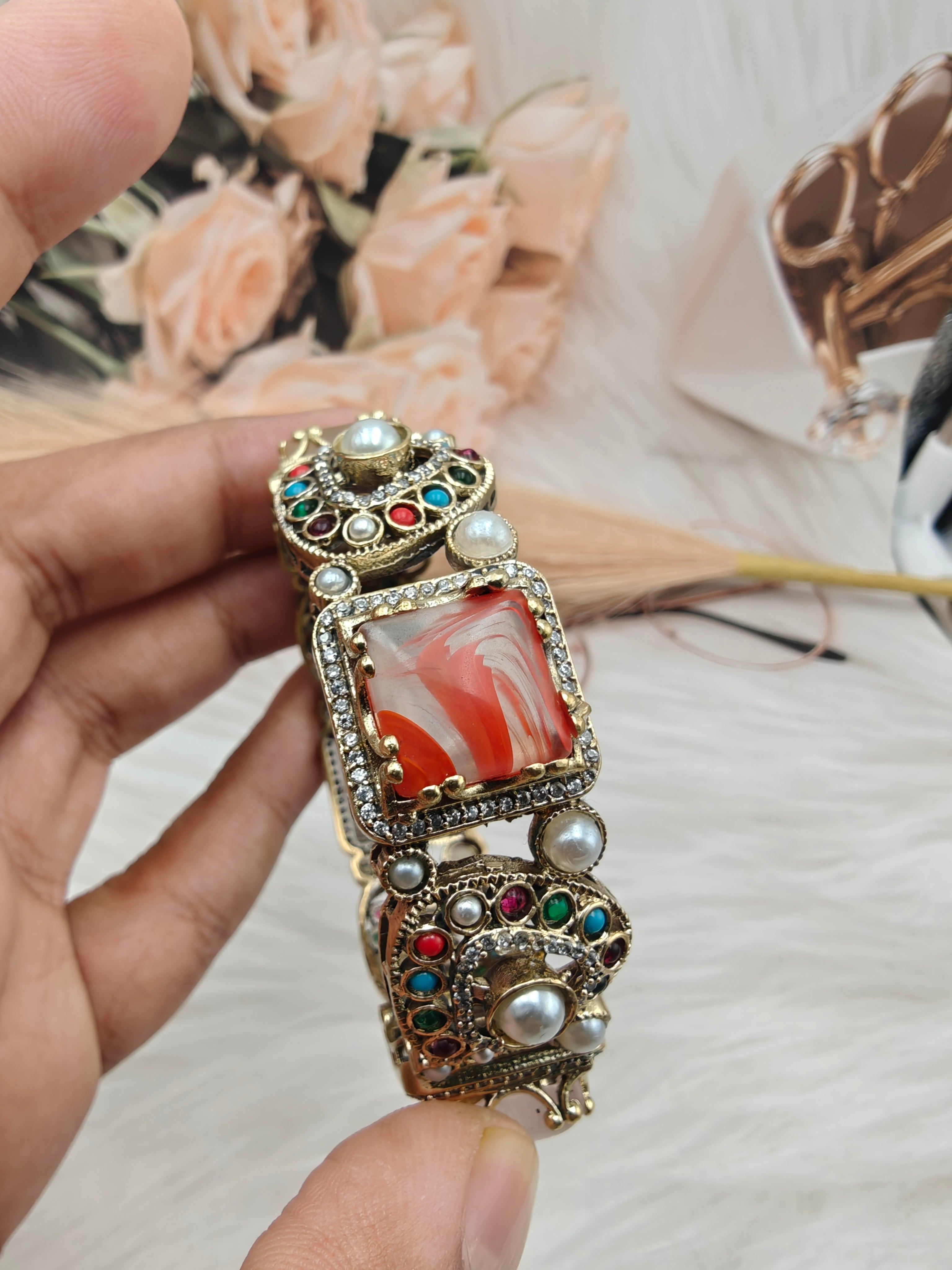 Sabyasachi Inspired Chahat Natural Stones Openable Bangle - Multi