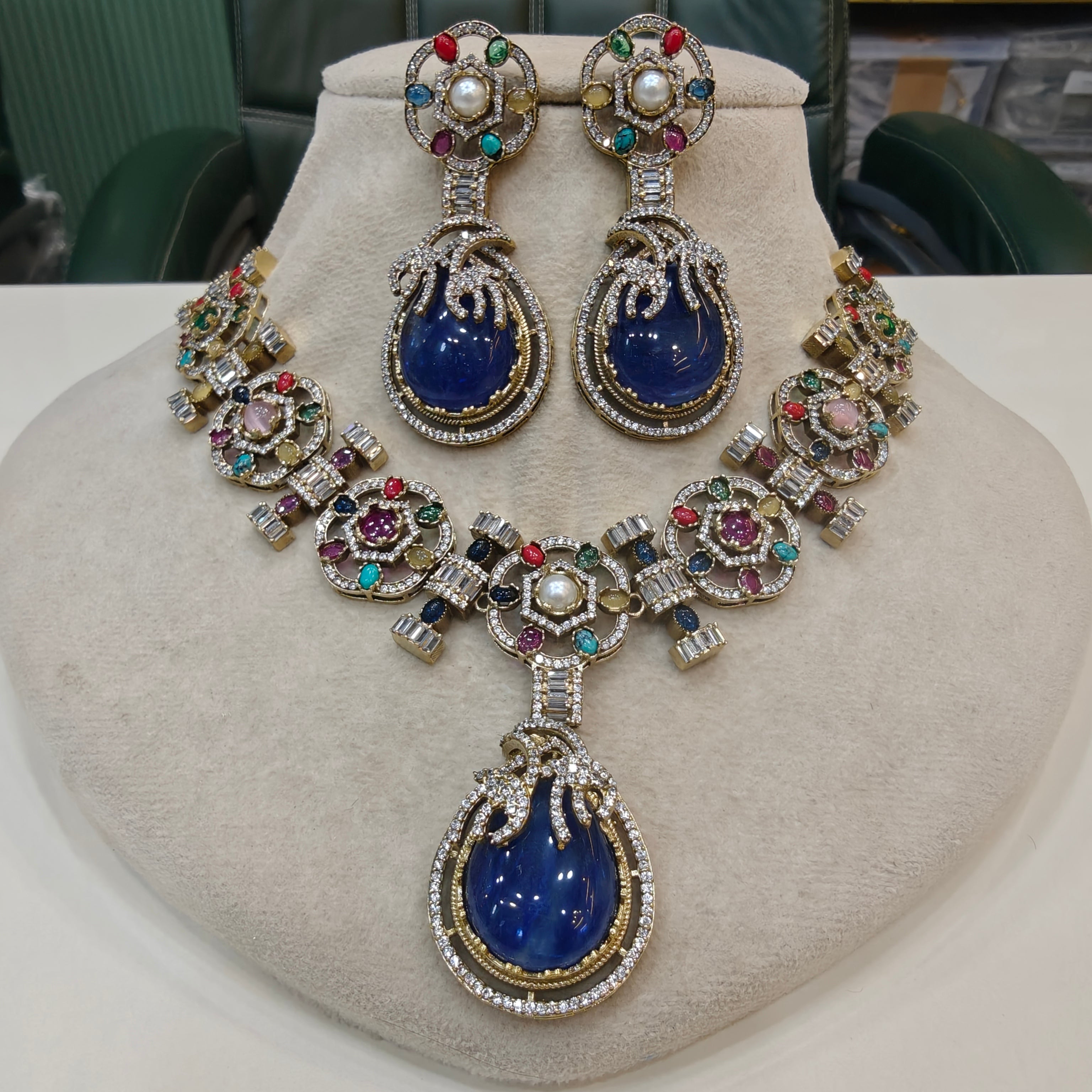 Manvika Sabya Inspired Navratan Necklace Set- Blue