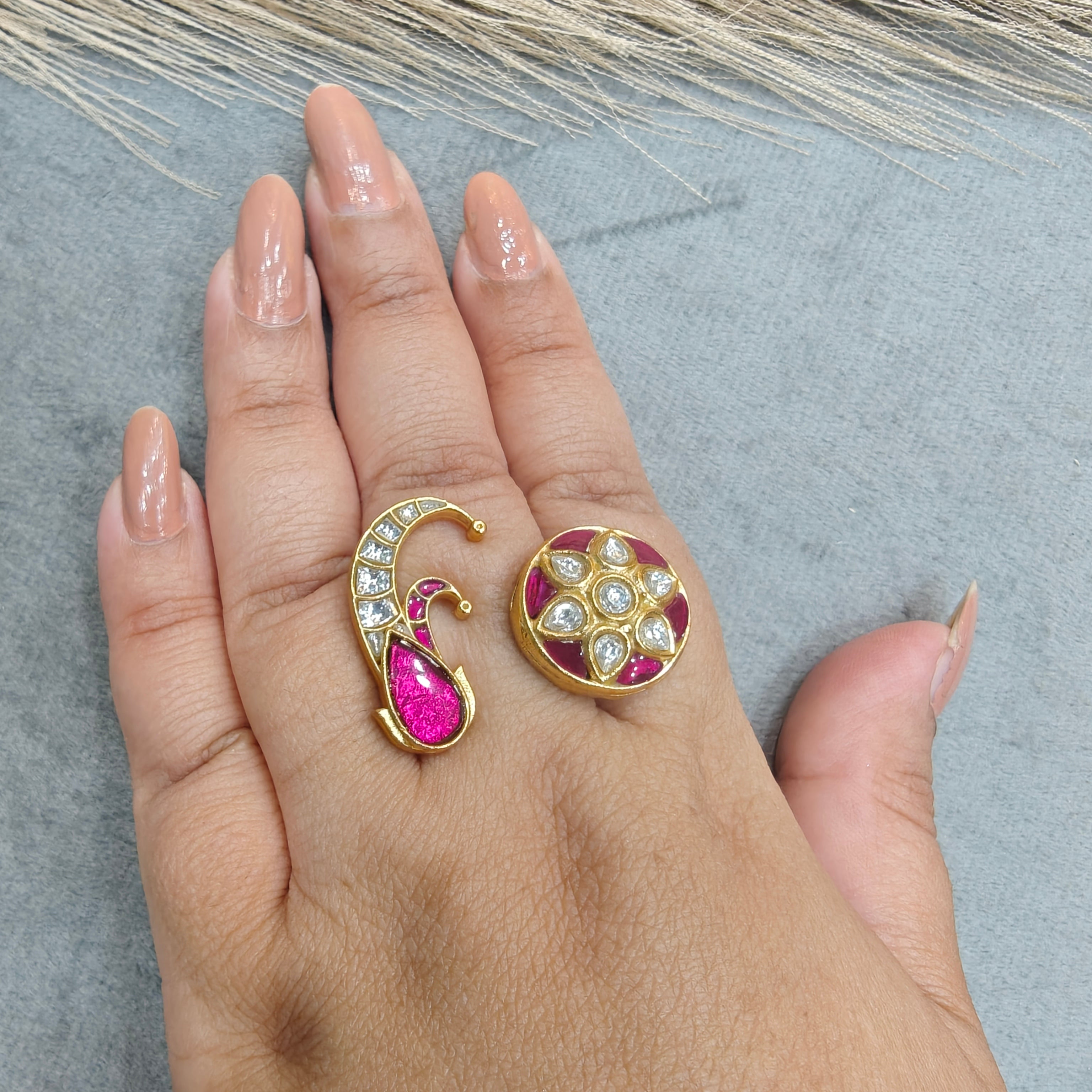 Rukamani Jadau Kundan Heritage Double Finger Ring- Ruby