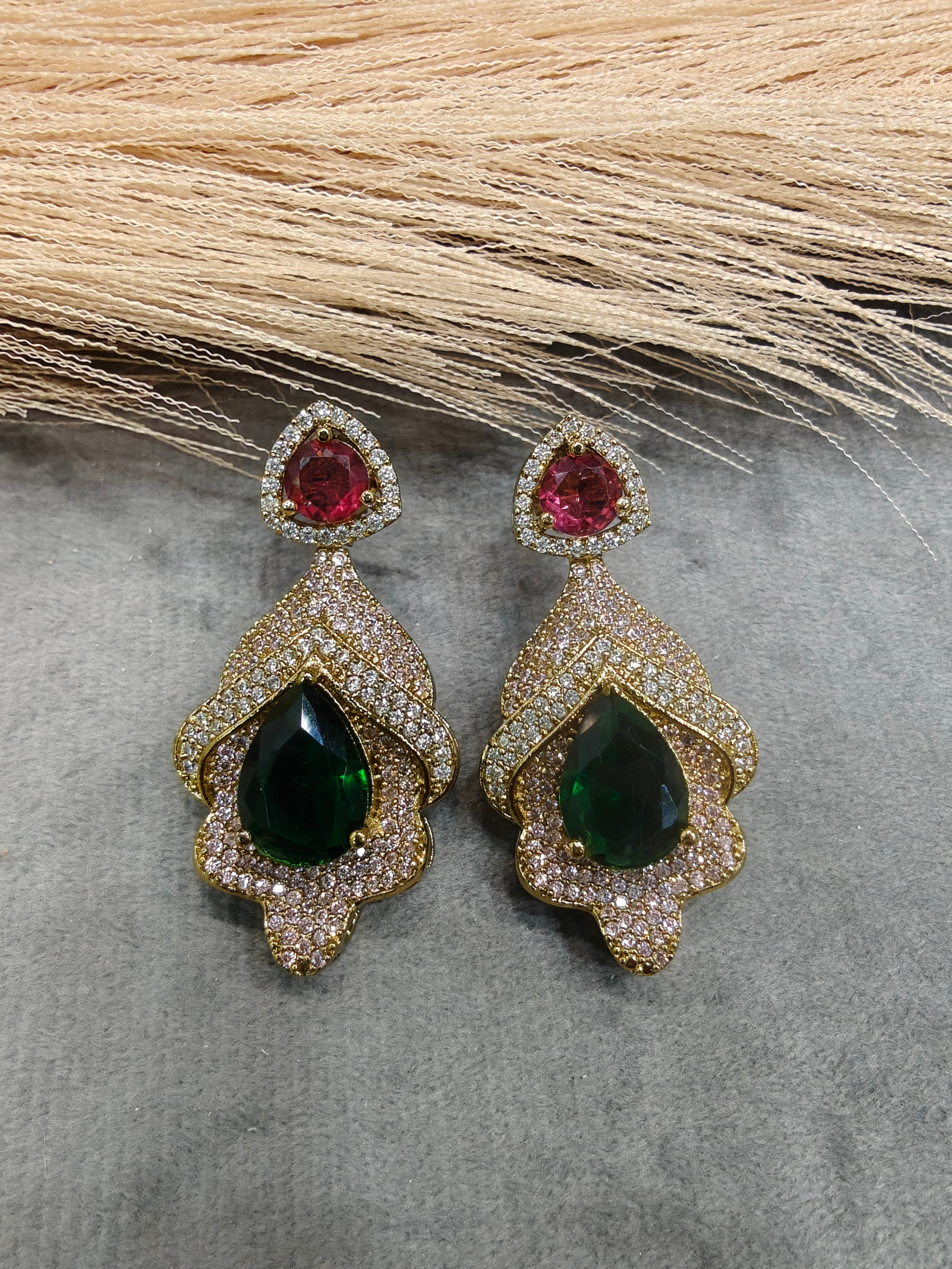 Kriti Designer Earrings- Green Ruby Pink