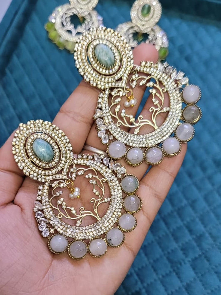 Amrita Natural Stone Chandbali- Aquamarine and Soft Pink