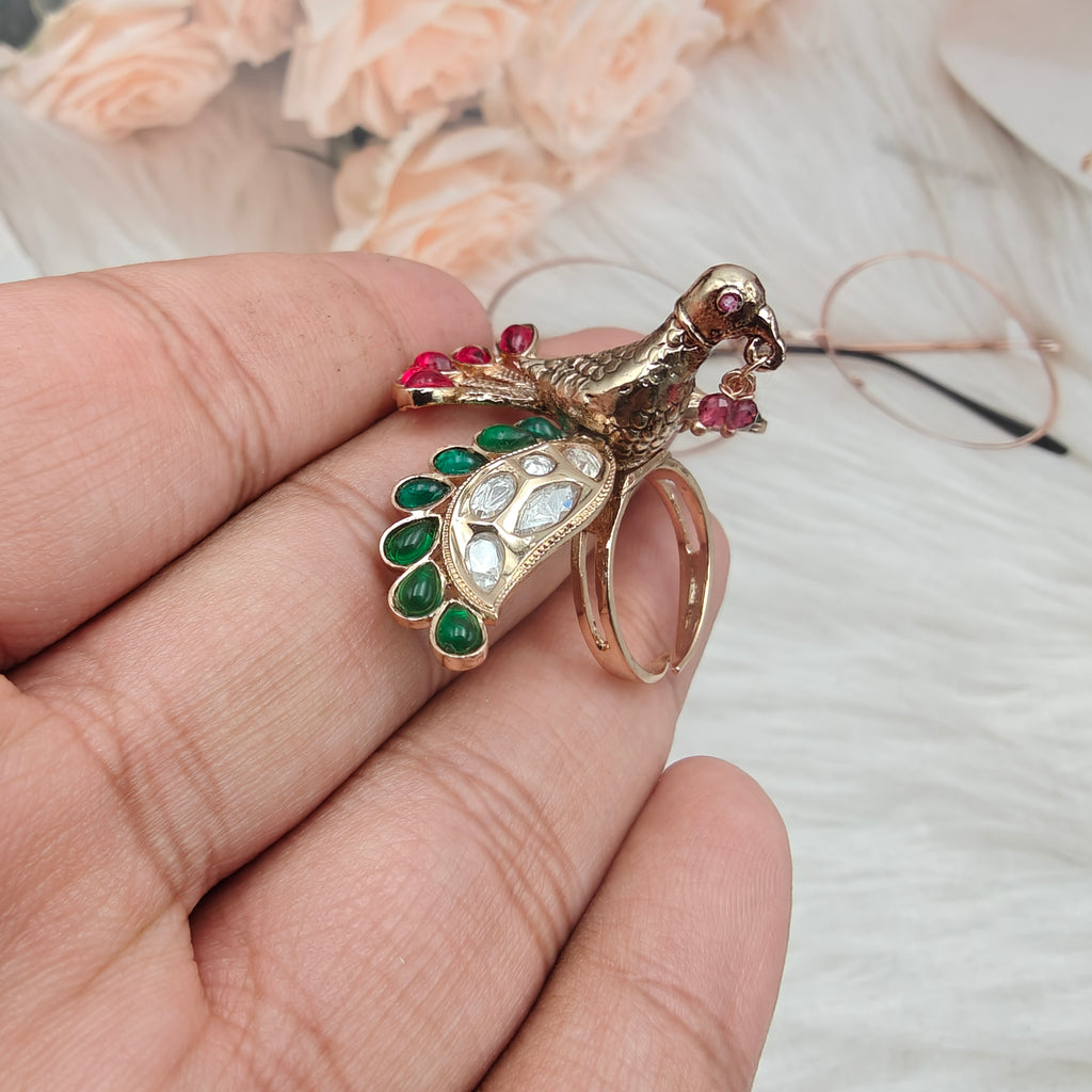 Bird Moissanite Adjustable Ring- Red Green