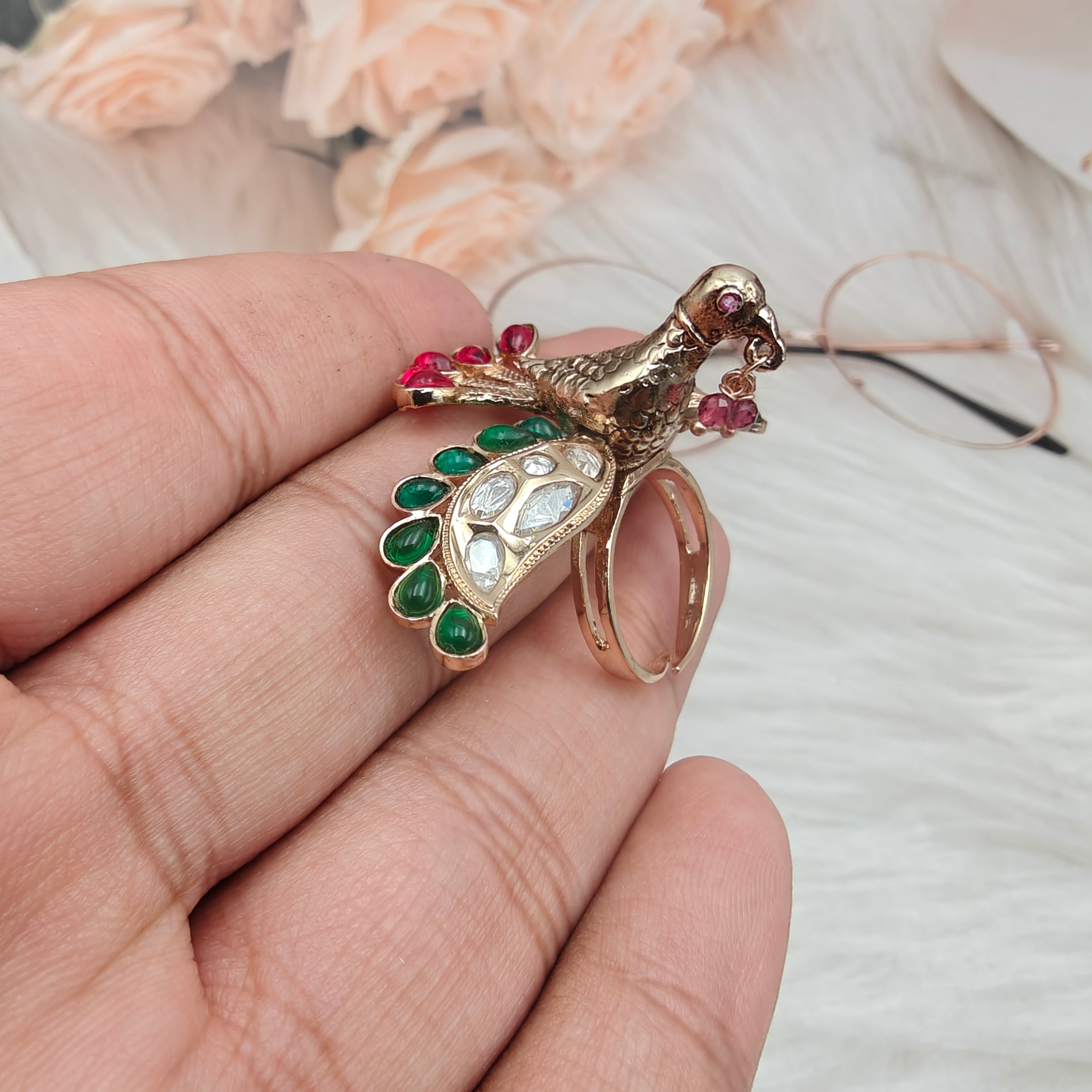 Bird Moissanite Adjustable Ring- Red Green