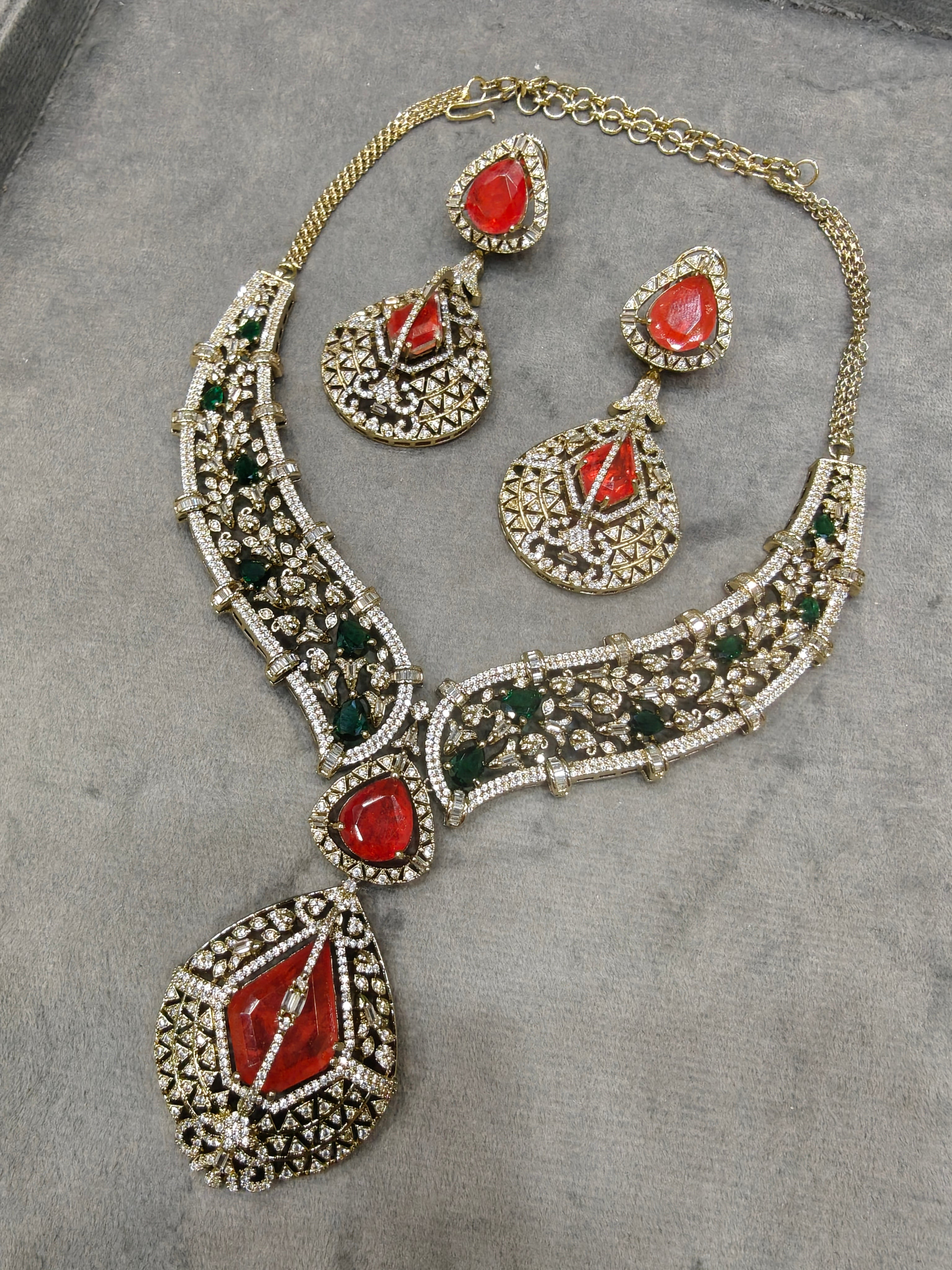 Anvitha Doublet Statement Necklace Set- Red Green