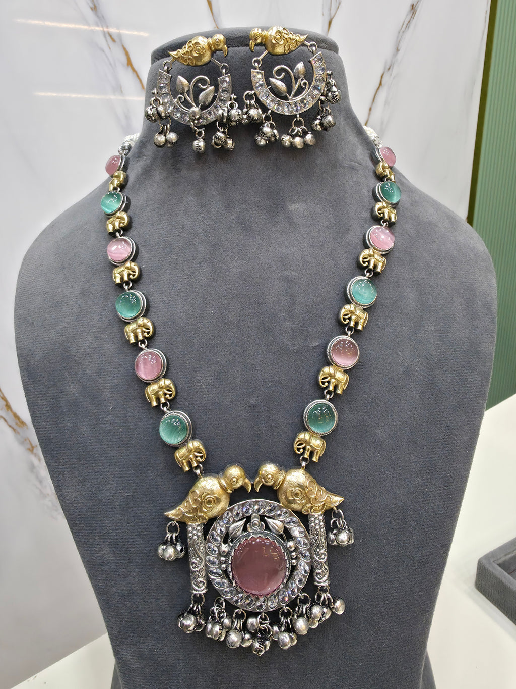Swati Silver Oxidised Brass Dual tone Necklace Set- Pink Mint