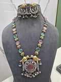 Swati Silver Oxidised Brass Dual tone Necklace Set- Pink Mint