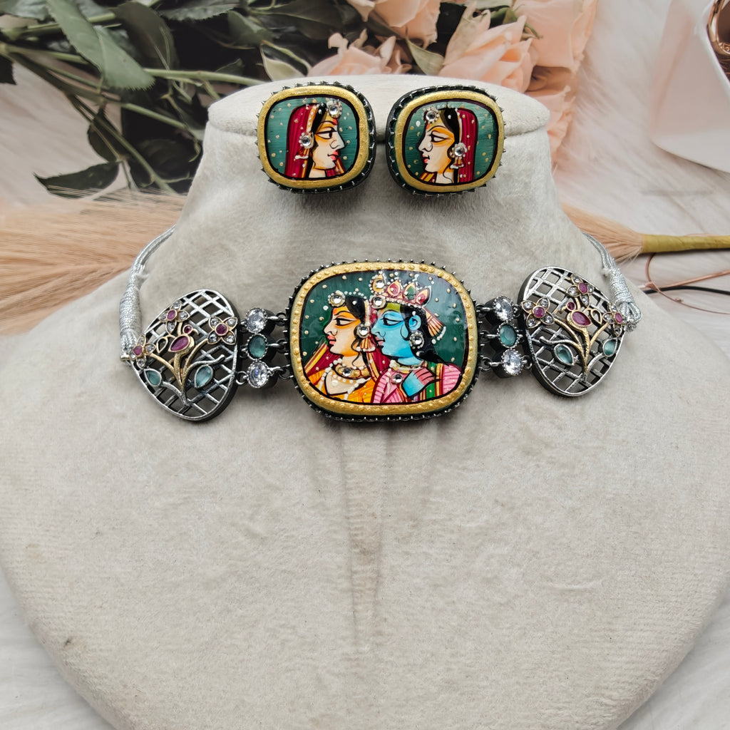 Radha Krishna Tanjore German Silver Choker Set- Mint